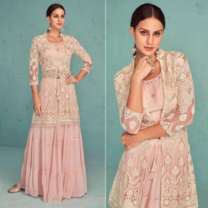 Pink Embroidered Georgette Lehenga Choli With Jacket - Peachmode