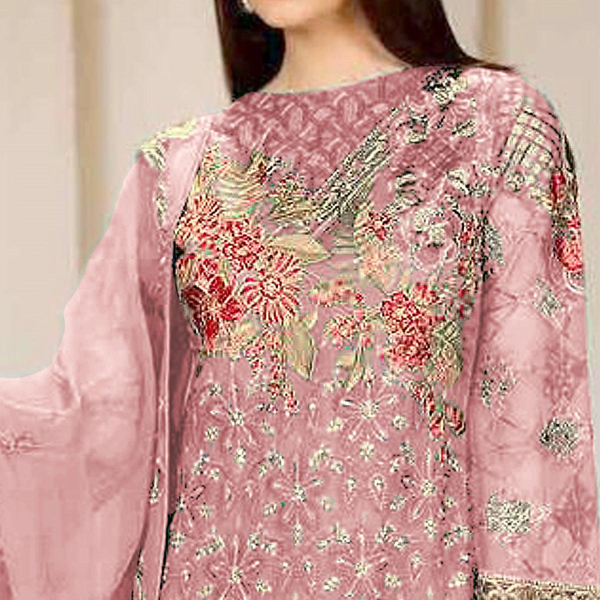 Pink Embroidered Georgette Pakistani Suit - Peachmode