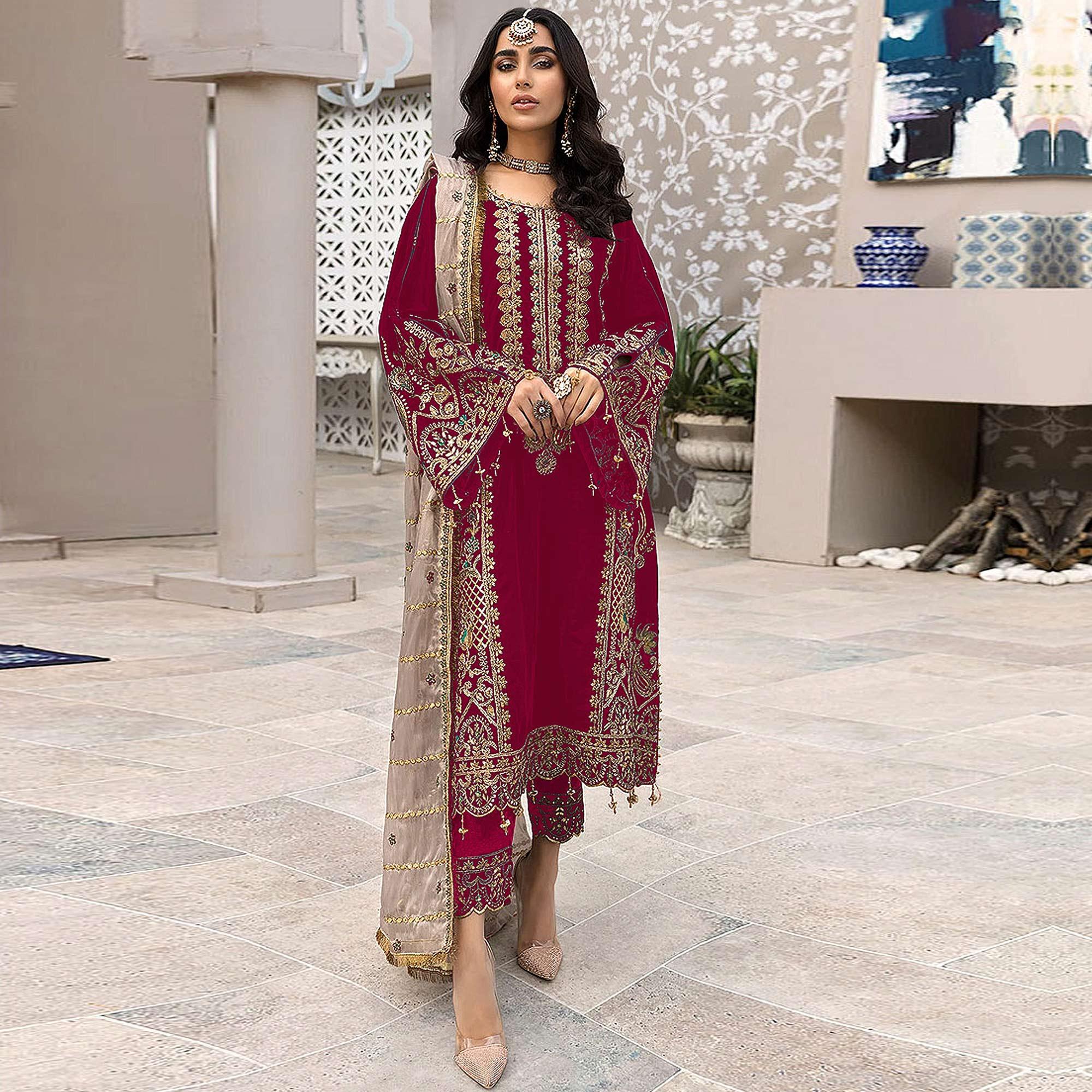 Pink Embroidered Georgette Pakistani Suit - Peachmode