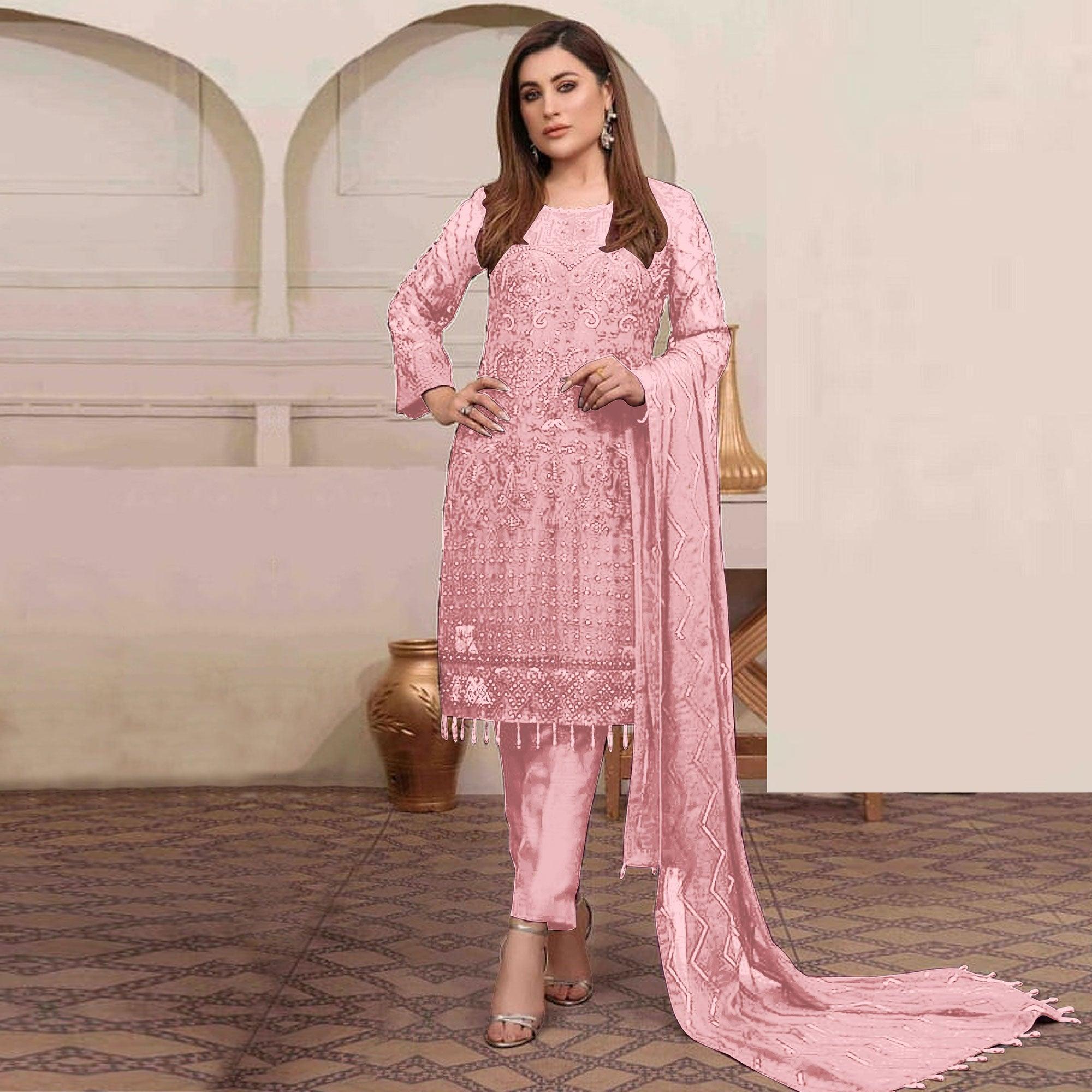 Pink Embroidered Georgette Pakistani Suit - Peachmode