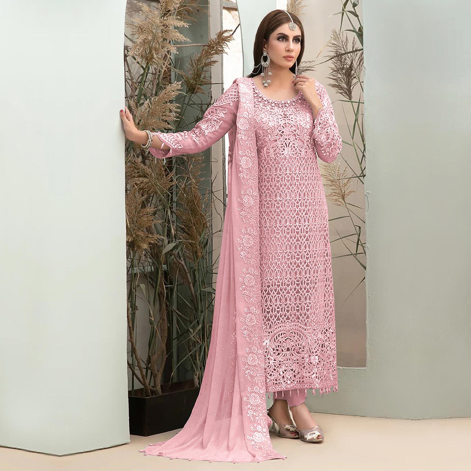 Pink Embroidered Georgette Pakistani Suit - Peachmode