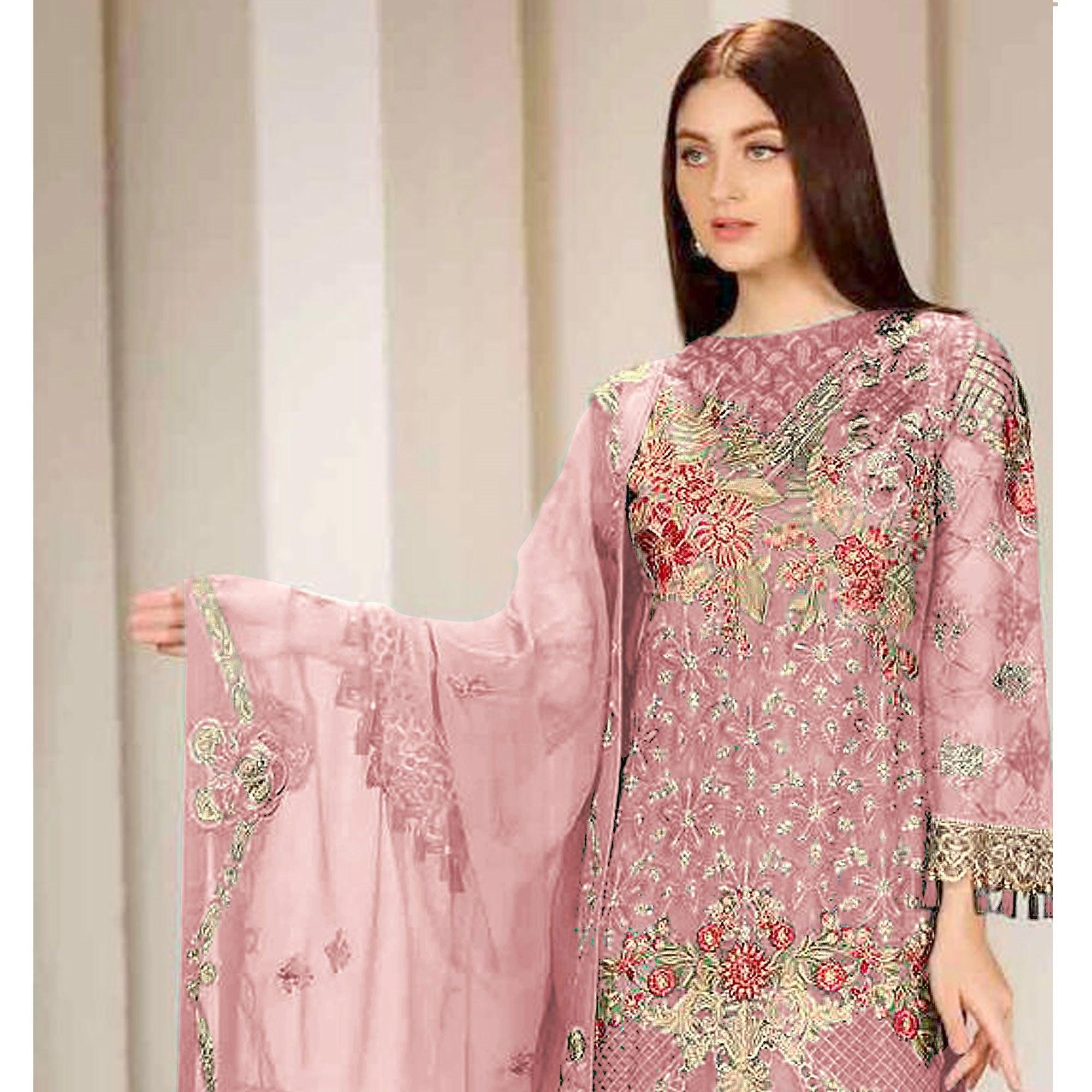 Pink Embroidered Georgette Pakistani Suit - Peachmode