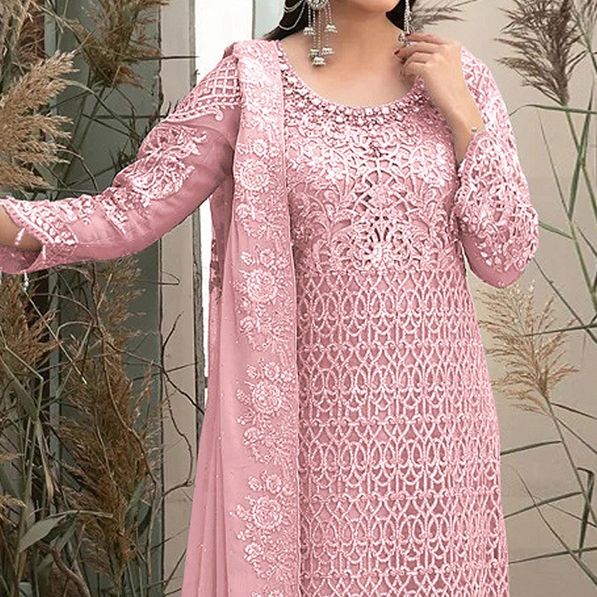 Pink Embroidered Georgette Pakistani Suit - Peachmode