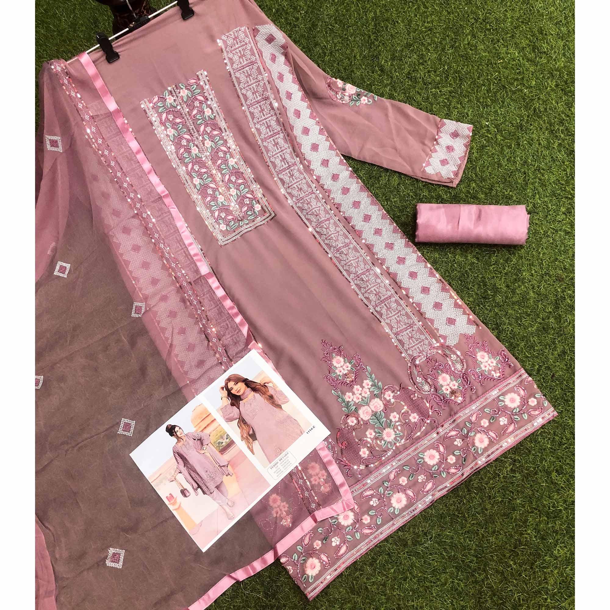 Pink Embroidered Georgette Pakistani Suit - Peachmode