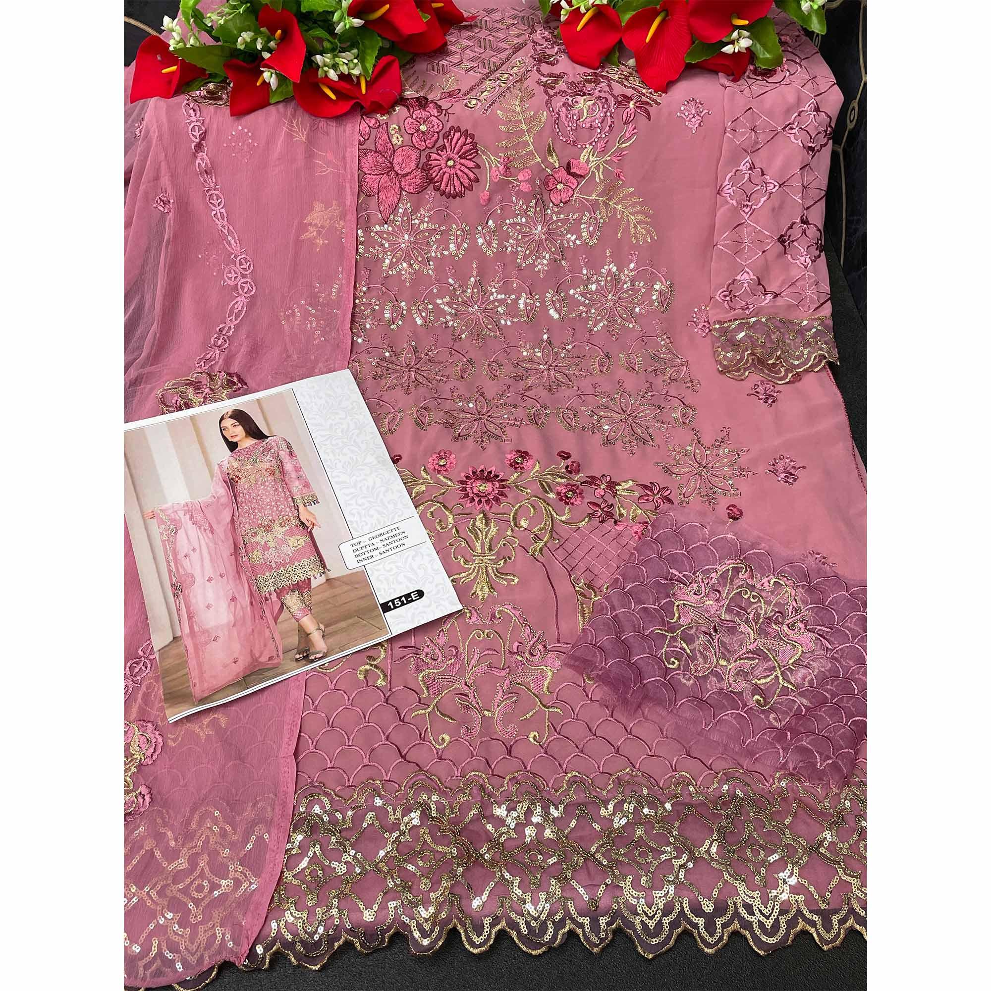 Pink Embroidered Georgette Pakistani Suit - Peachmode