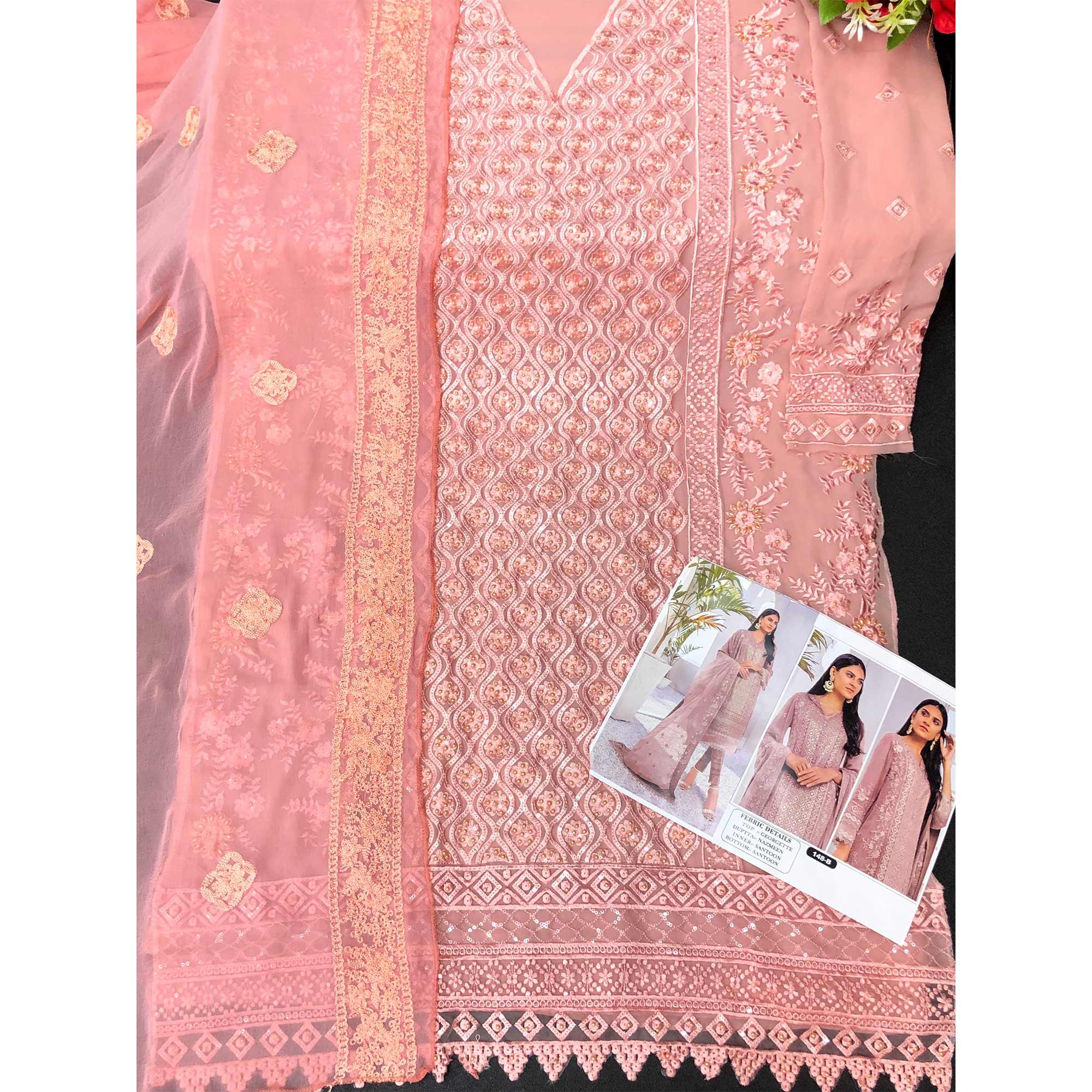 Pink Embroidered Georgette Pakistani Suit - Peachmode
