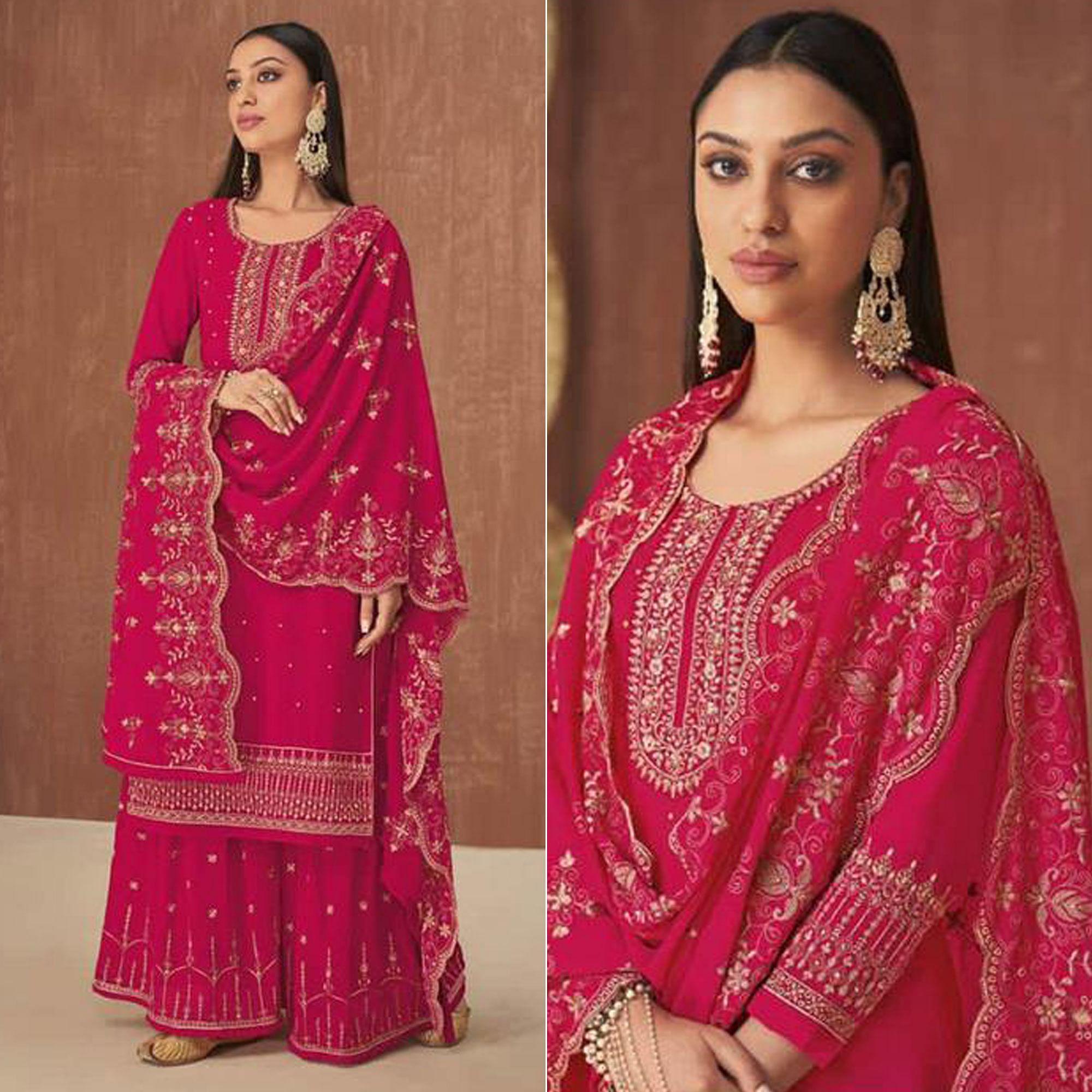 Pink Embroidered Georgette Palazzo Suit - Peachmode