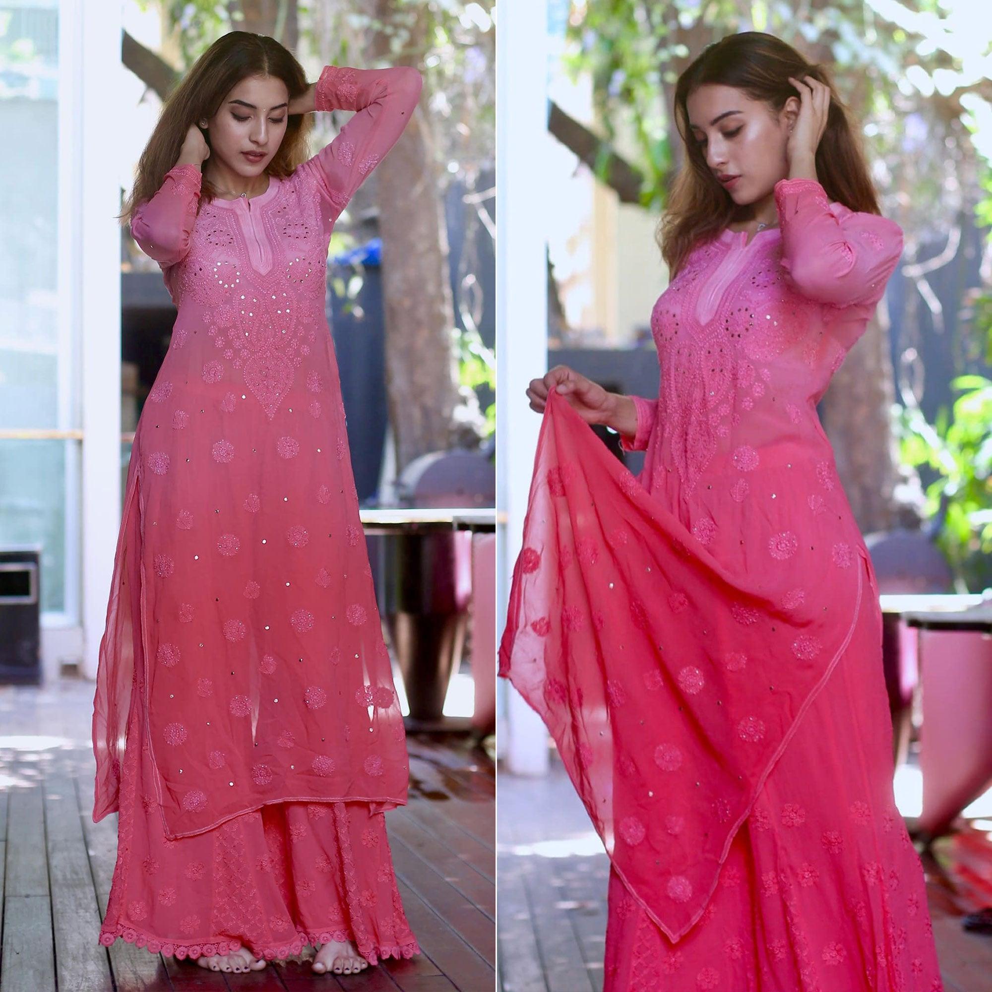 Pink Embroidered Georgette Palazzo Suit - Peachmode
