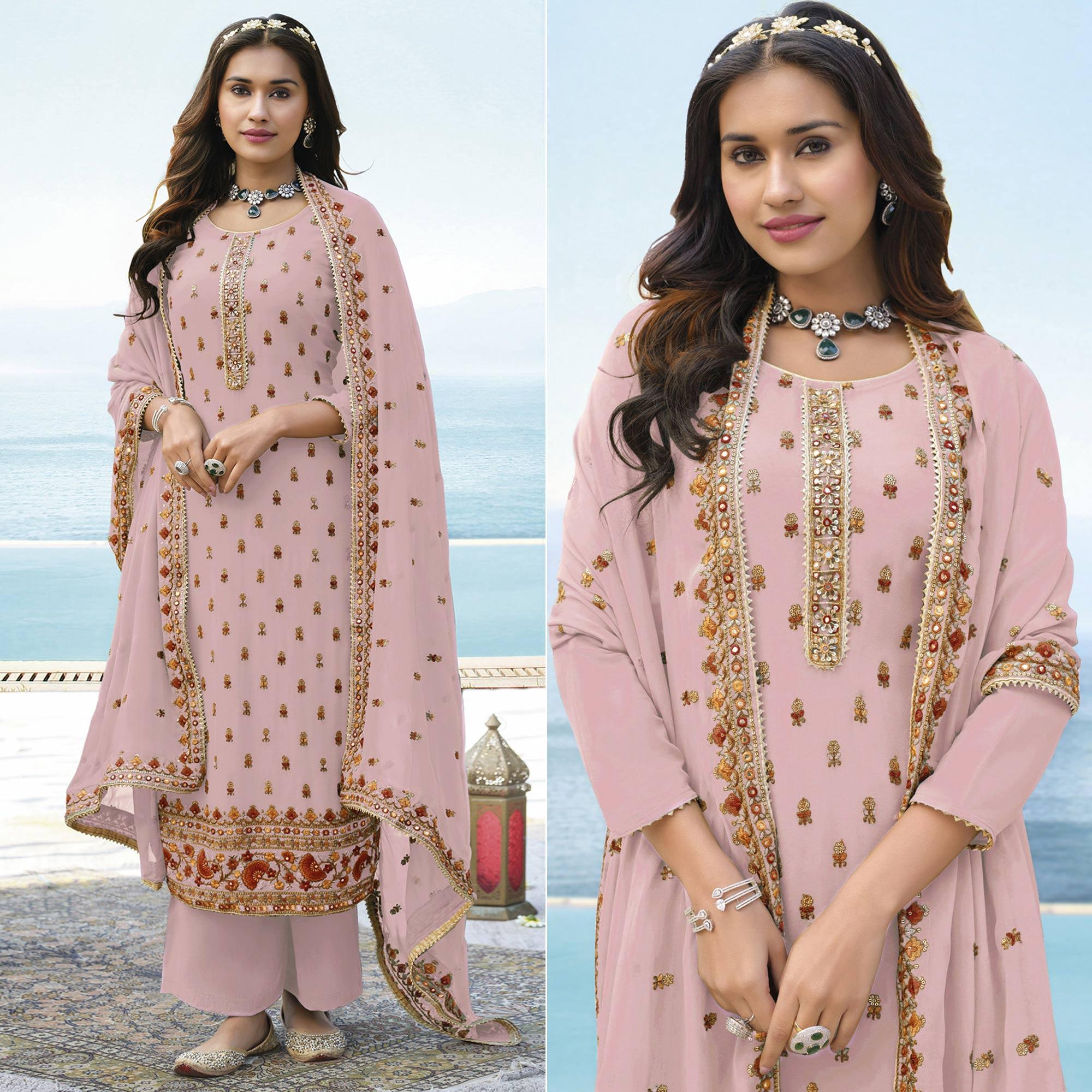 Pink Embroidered Georgette Palazzo Suit - Peachmode