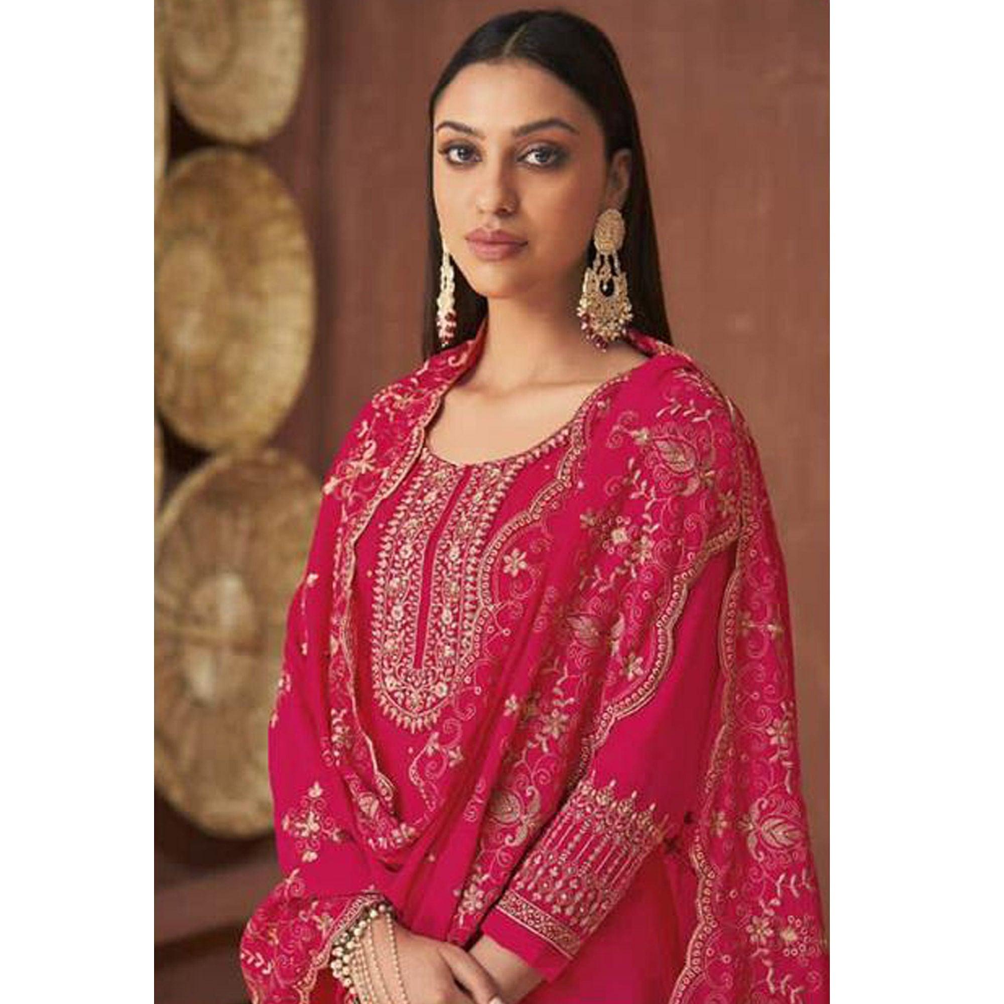 Pink Embroidered Georgette Palazzo Suit - Peachmode