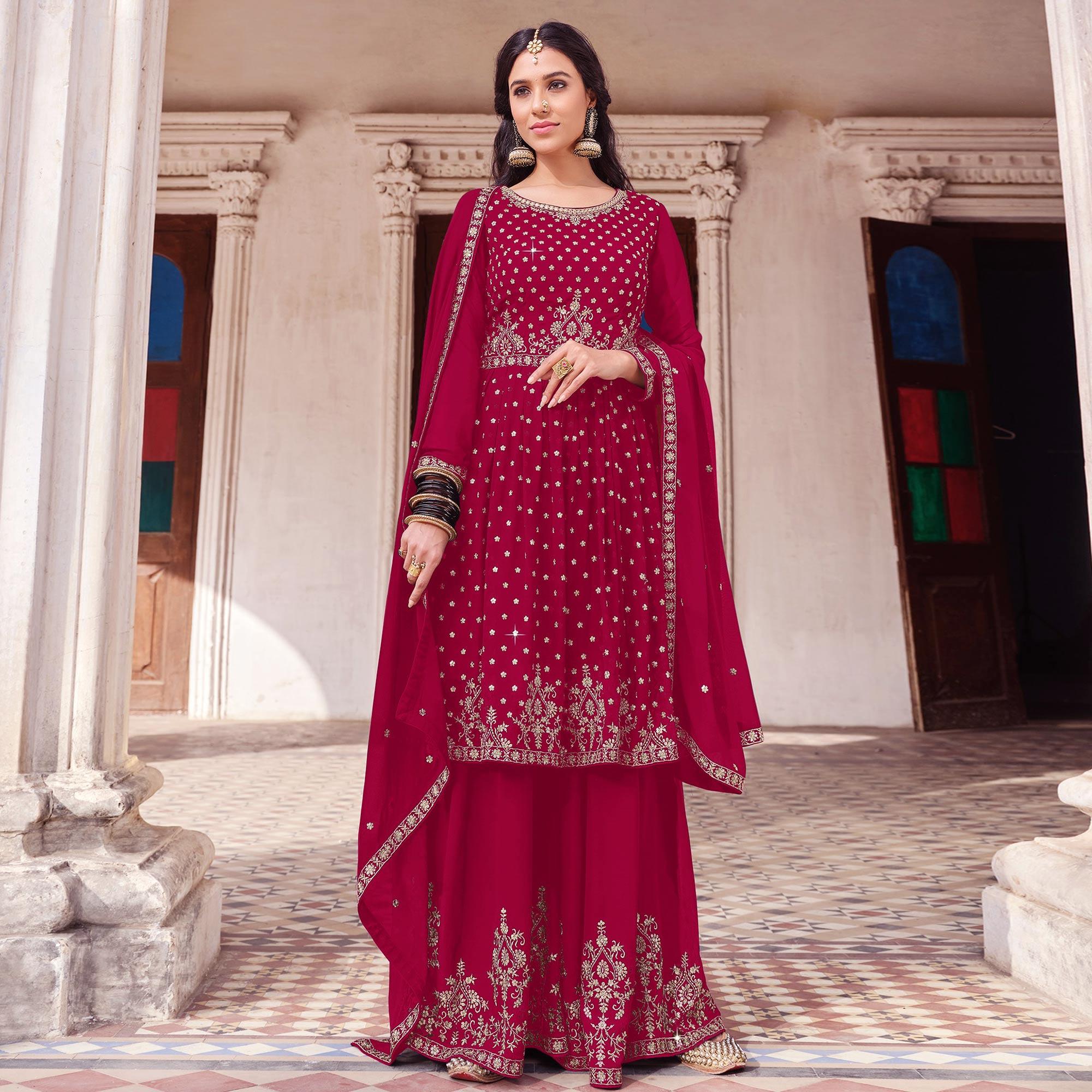 Pink Embroidered Georgette Palazzo Suit - Peachmode