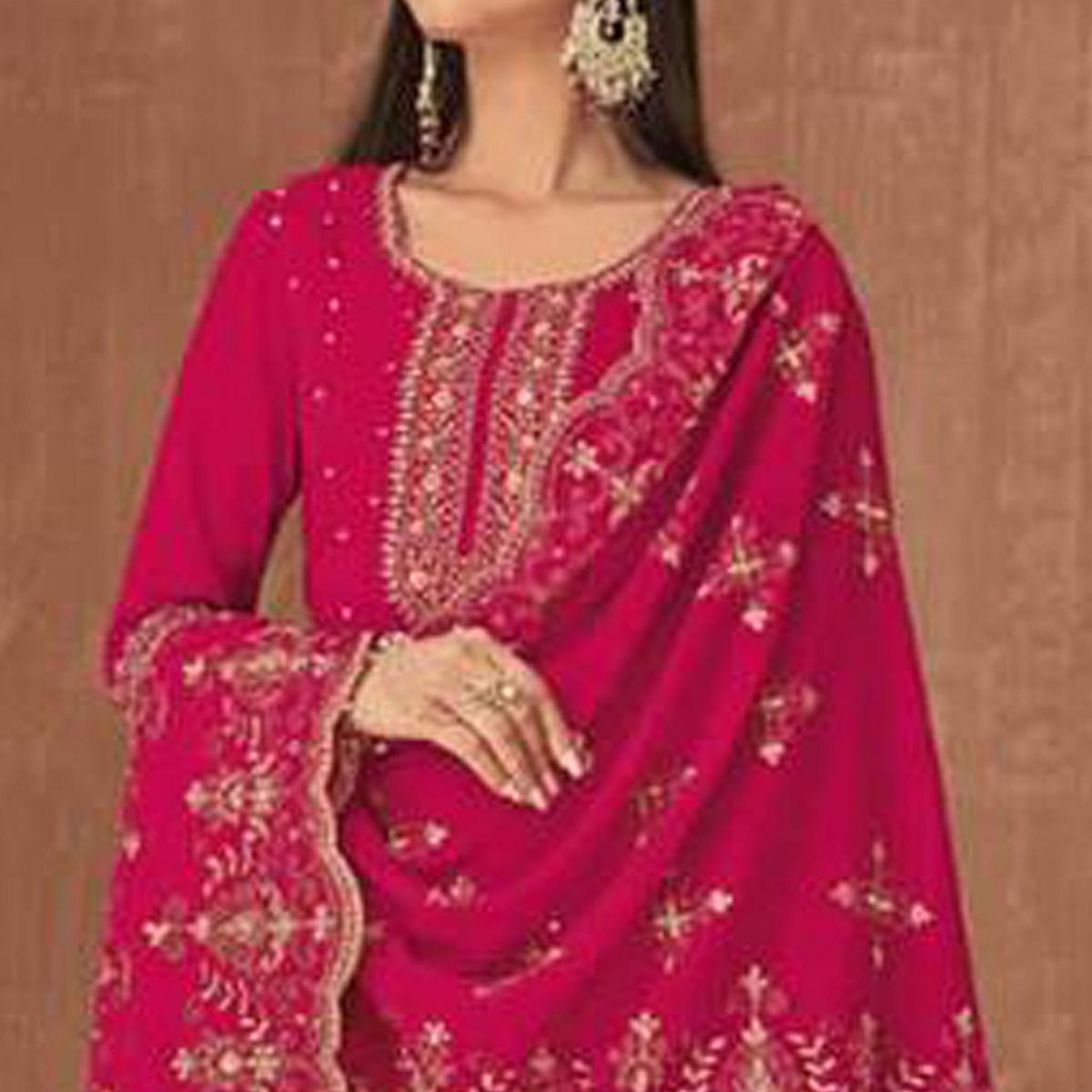 Pink Embroidered Georgette Palazzo Suit - Peachmode