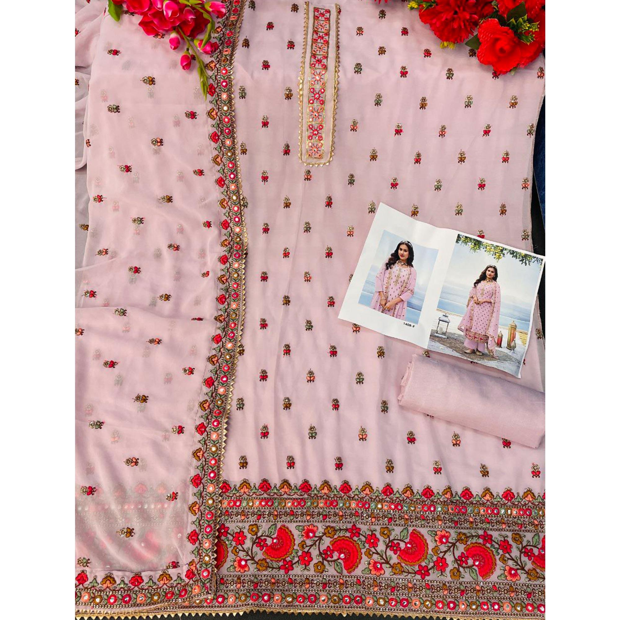 Pink Embroidered Georgette Palazzo Suit - Peachmode