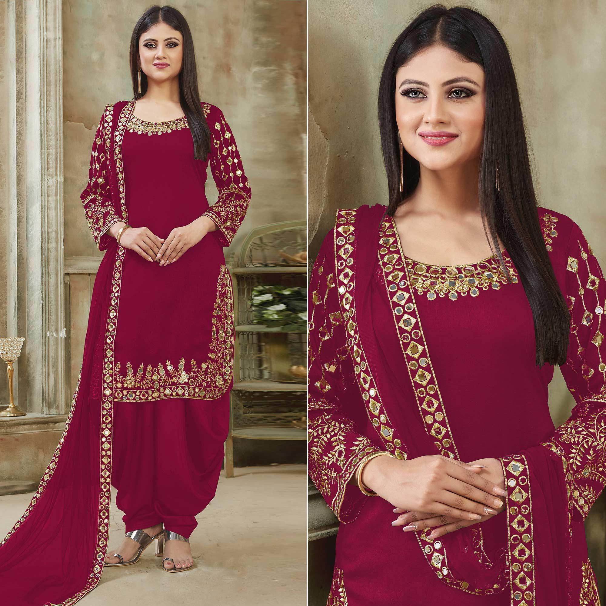 Pink Embroidered Georgette Patiala Suit - Peachmode