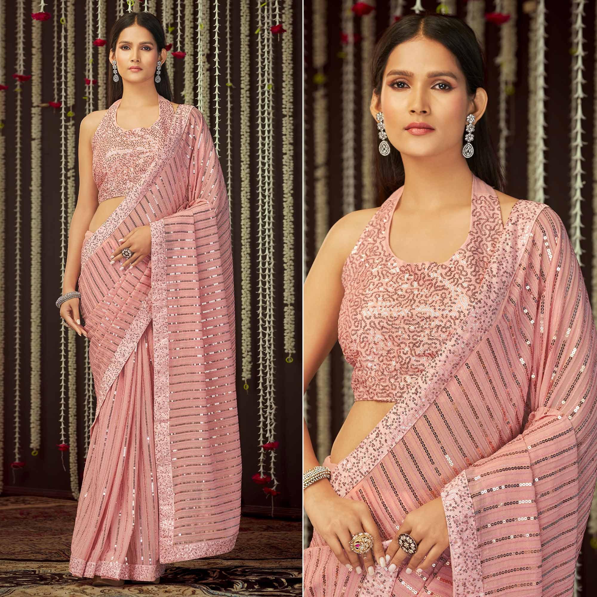 Pink Embroidered Georgette Saree - Peachmode