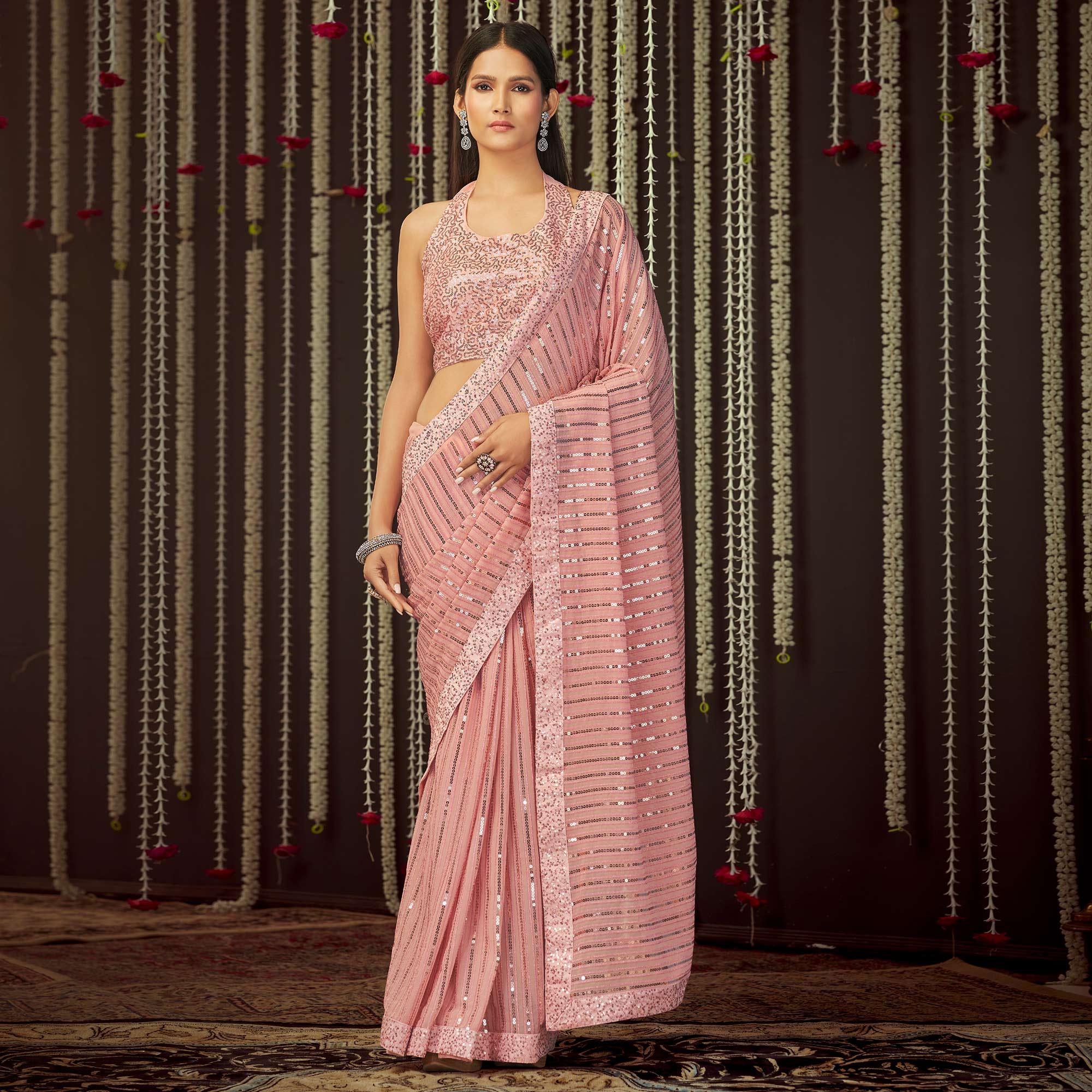Pink Embroidered Georgette Saree - Peachmode
