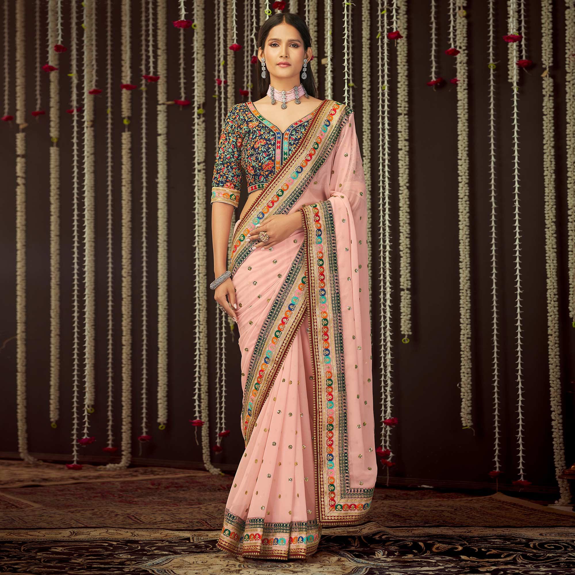 Pink Embroidered Georgette Saree - Peachmode