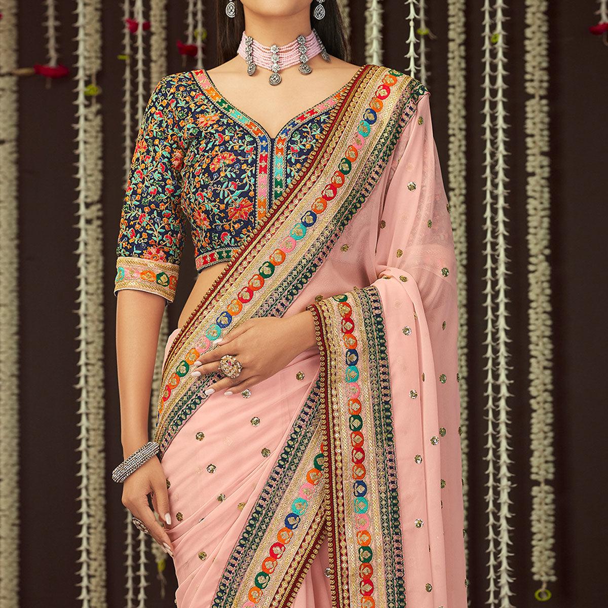 Pink Embroidered Georgette Saree - Peachmode