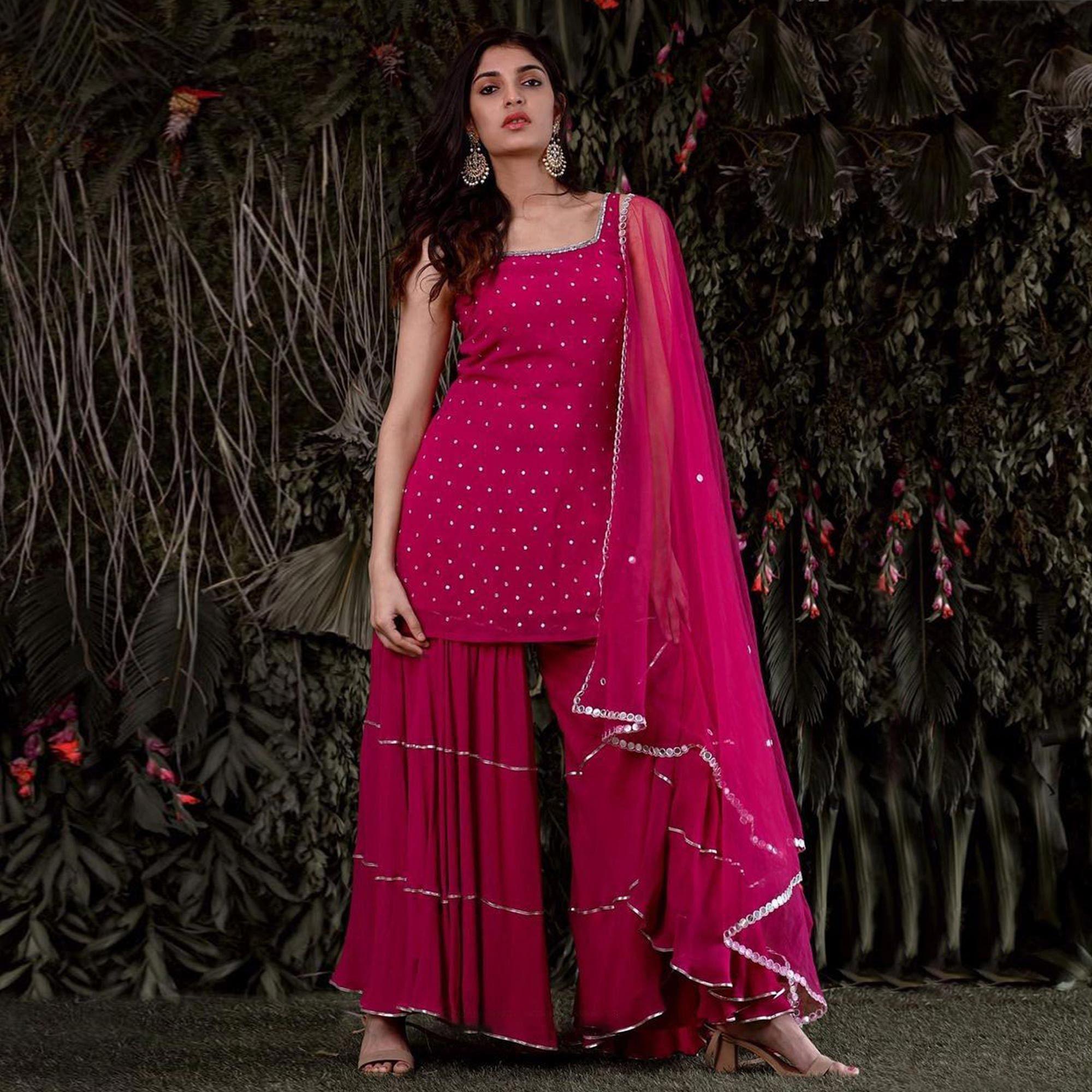 Pink Embroidered Georgette Sharara Suit - Peachmode