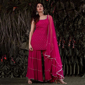 Pink Embroidered Georgette Sharara Suit - Peachmode