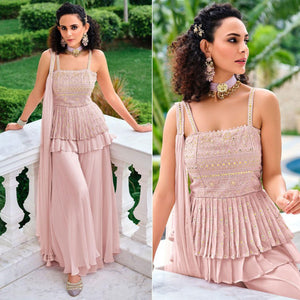 Pink Embroidered Georgette Sharara Suit - Peachmode