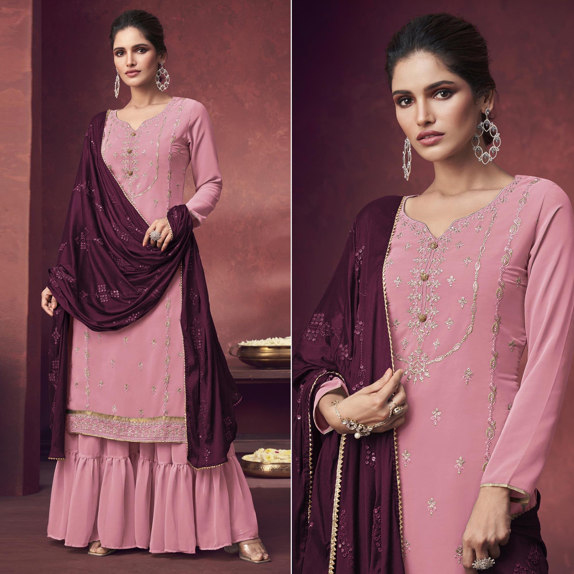 Pink Embroidered Georgette Sharara Suit - Peachmode