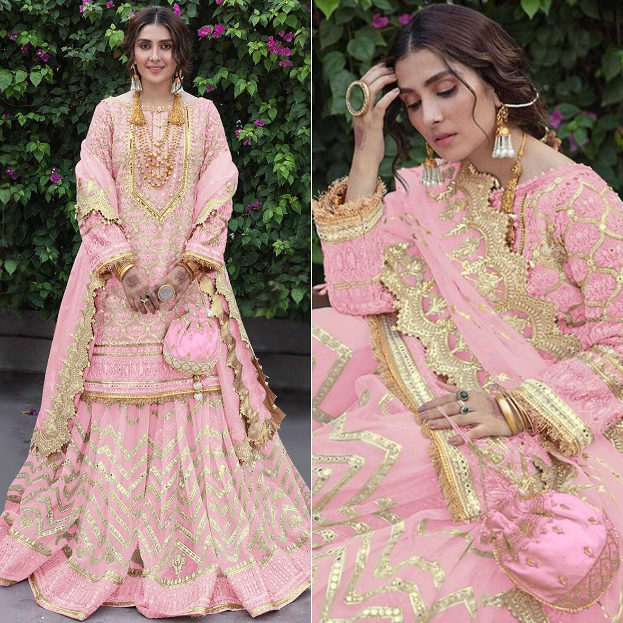 Pink Embroidered Georgette Sharara Suit - Peachmode