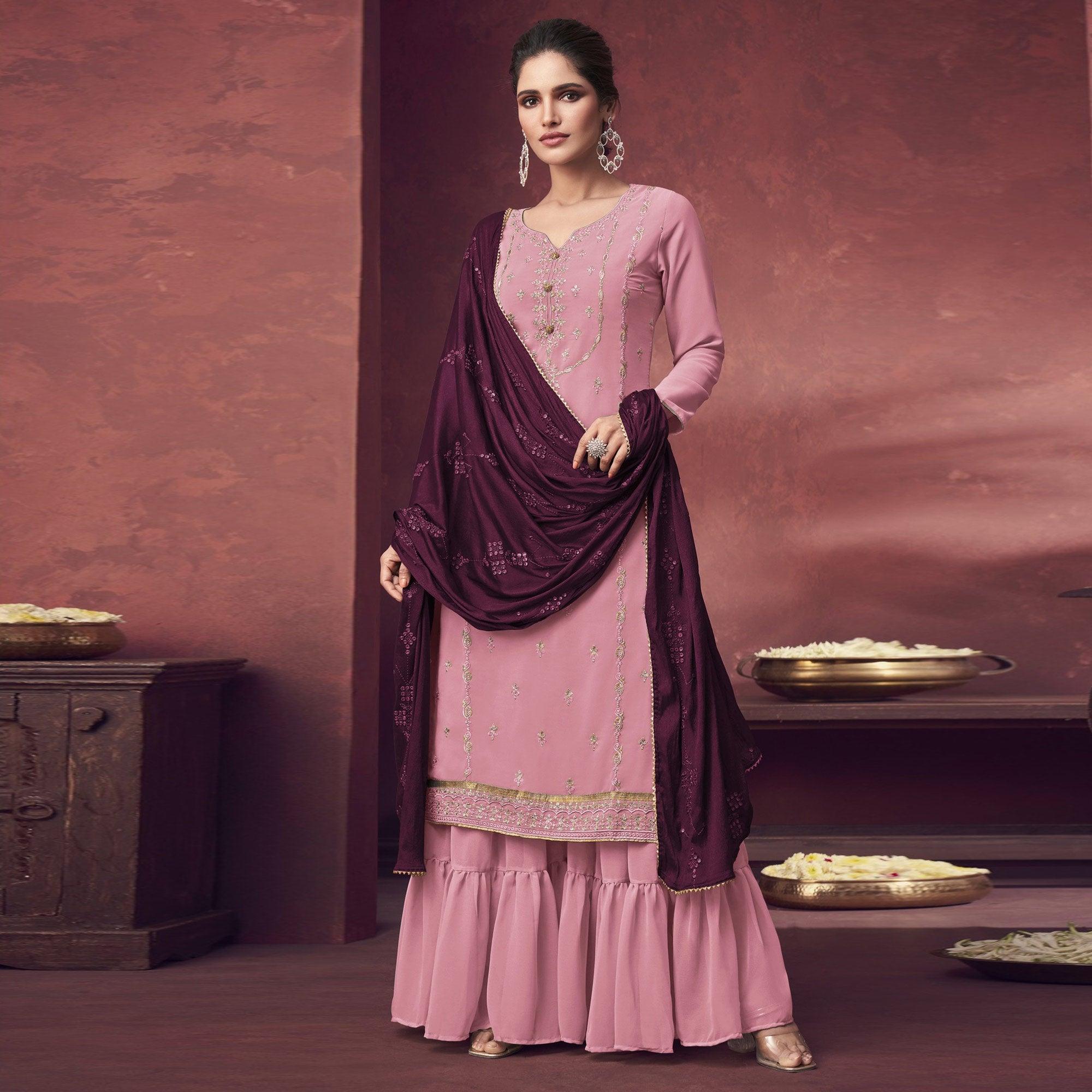 Pink Embroidered Georgette Sharara Suit - Peachmode