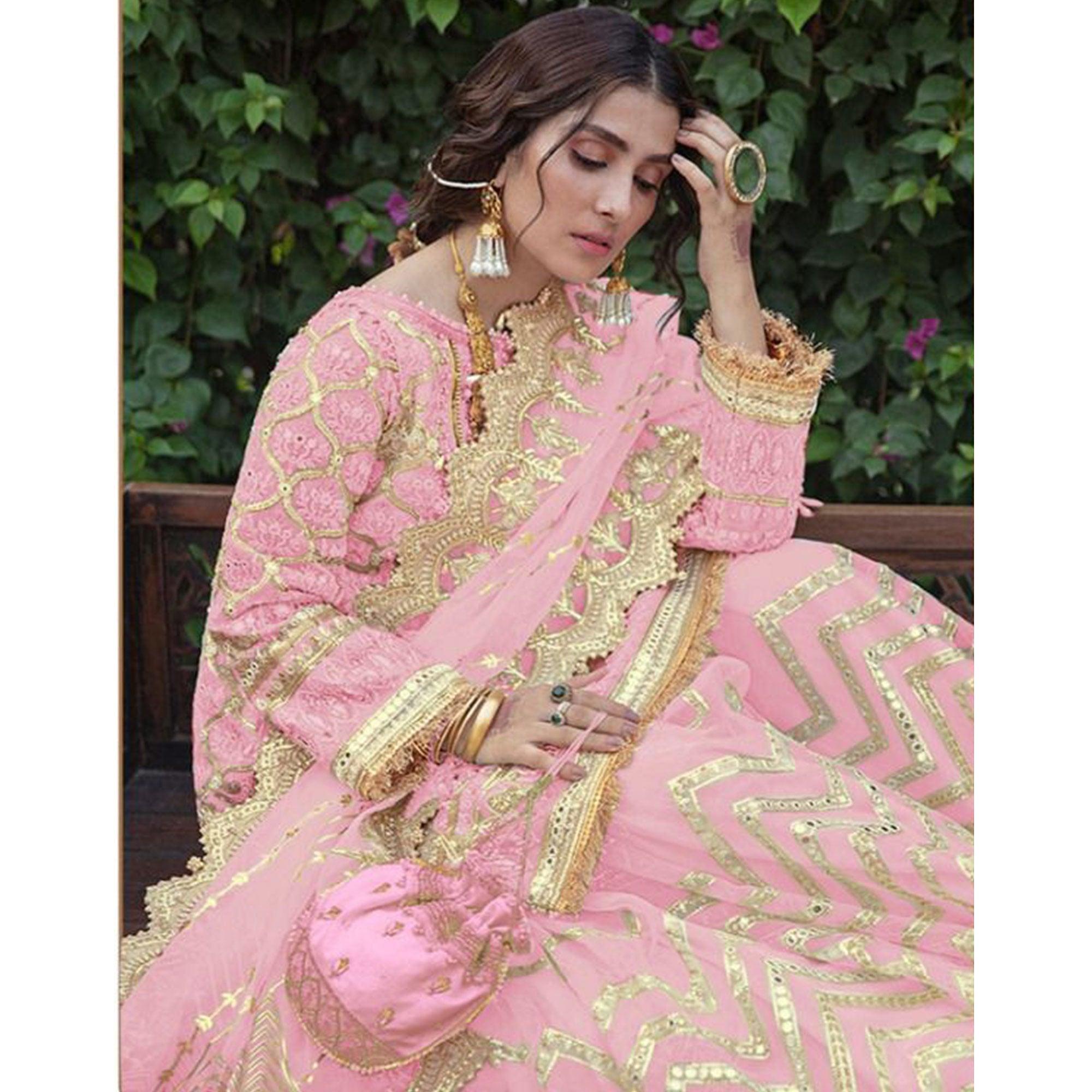 Pink Embroidered Georgette Sharara Suit - Peachmode