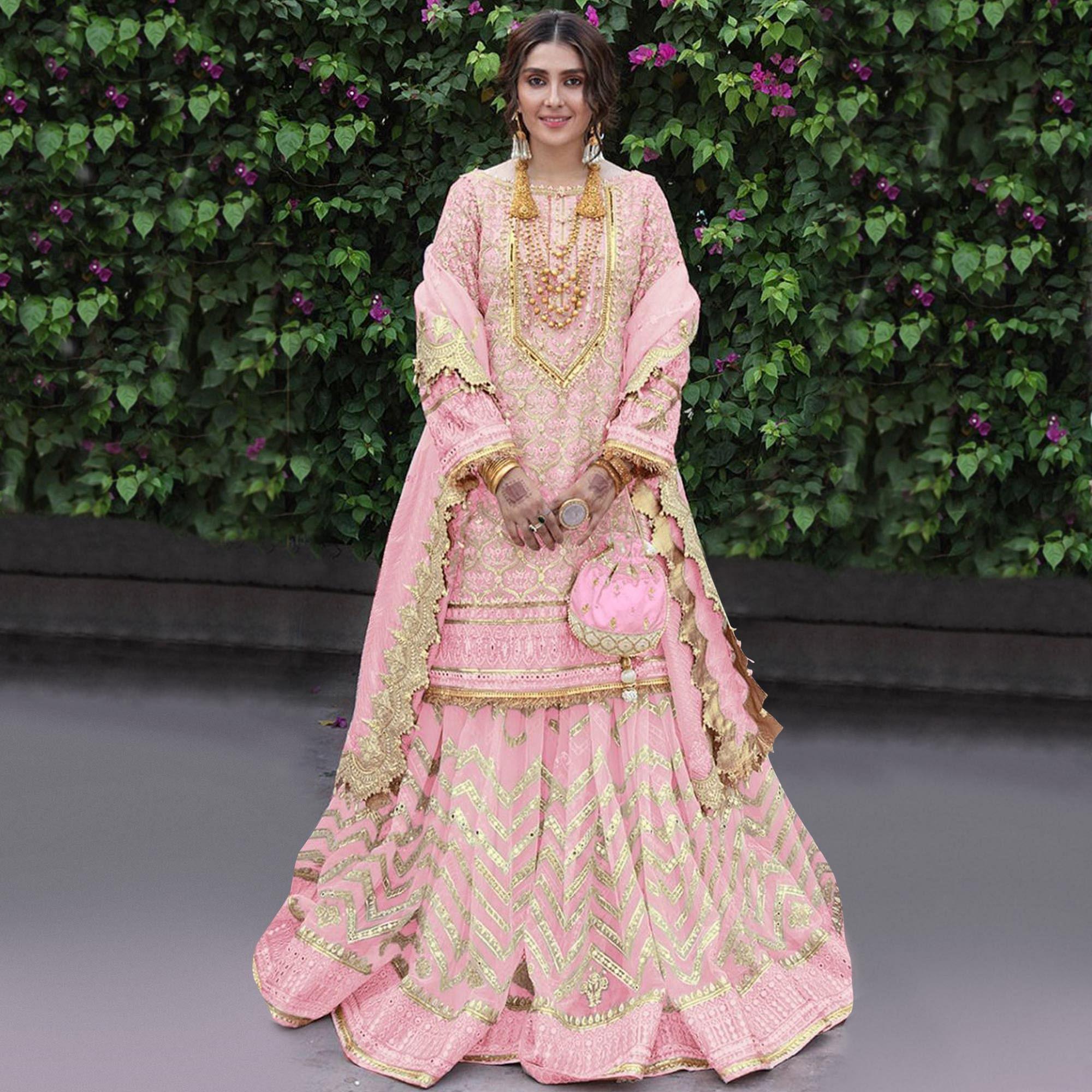 Pink Embroidered Georgette Sharara Suit - Peachmode