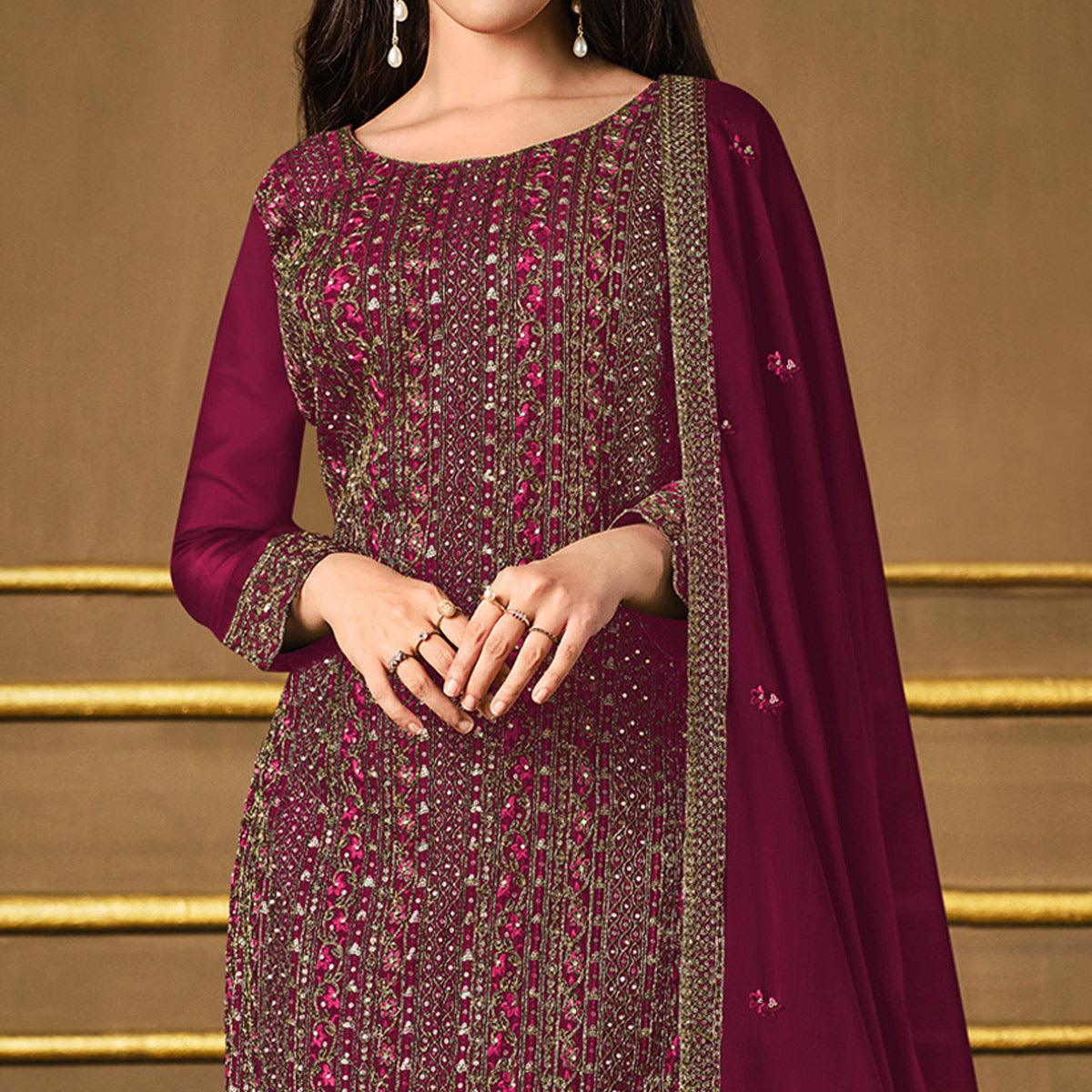 Pink Embroidered Georgette Suit - Peachmode