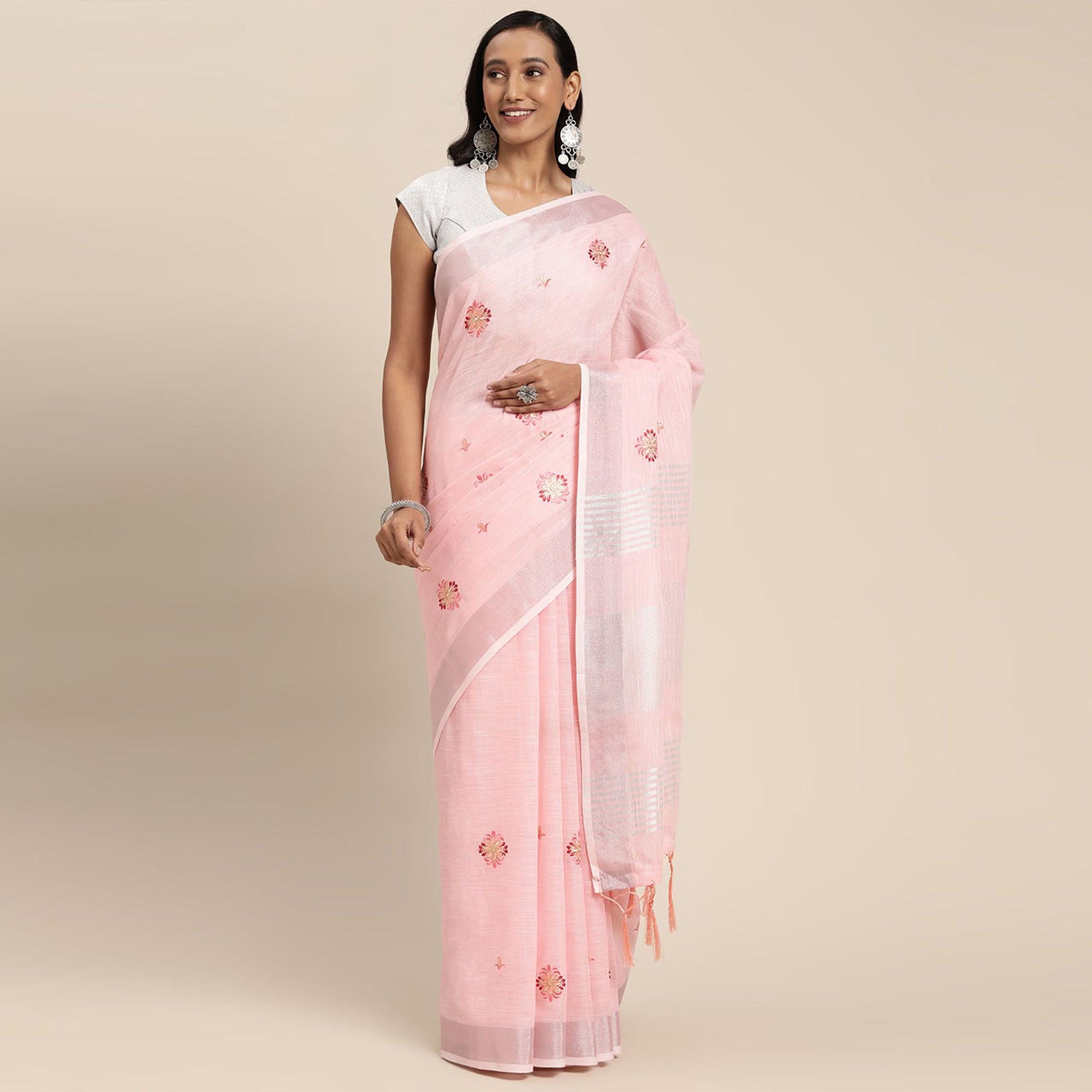 Pink Embroidered Linen Saree with Tassels - Peachmode