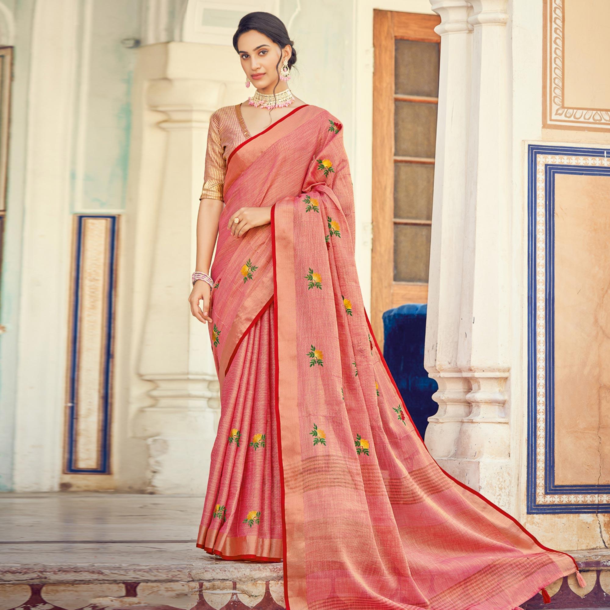 Pink Embroidered Linen Saree With Tassels - Peachmode