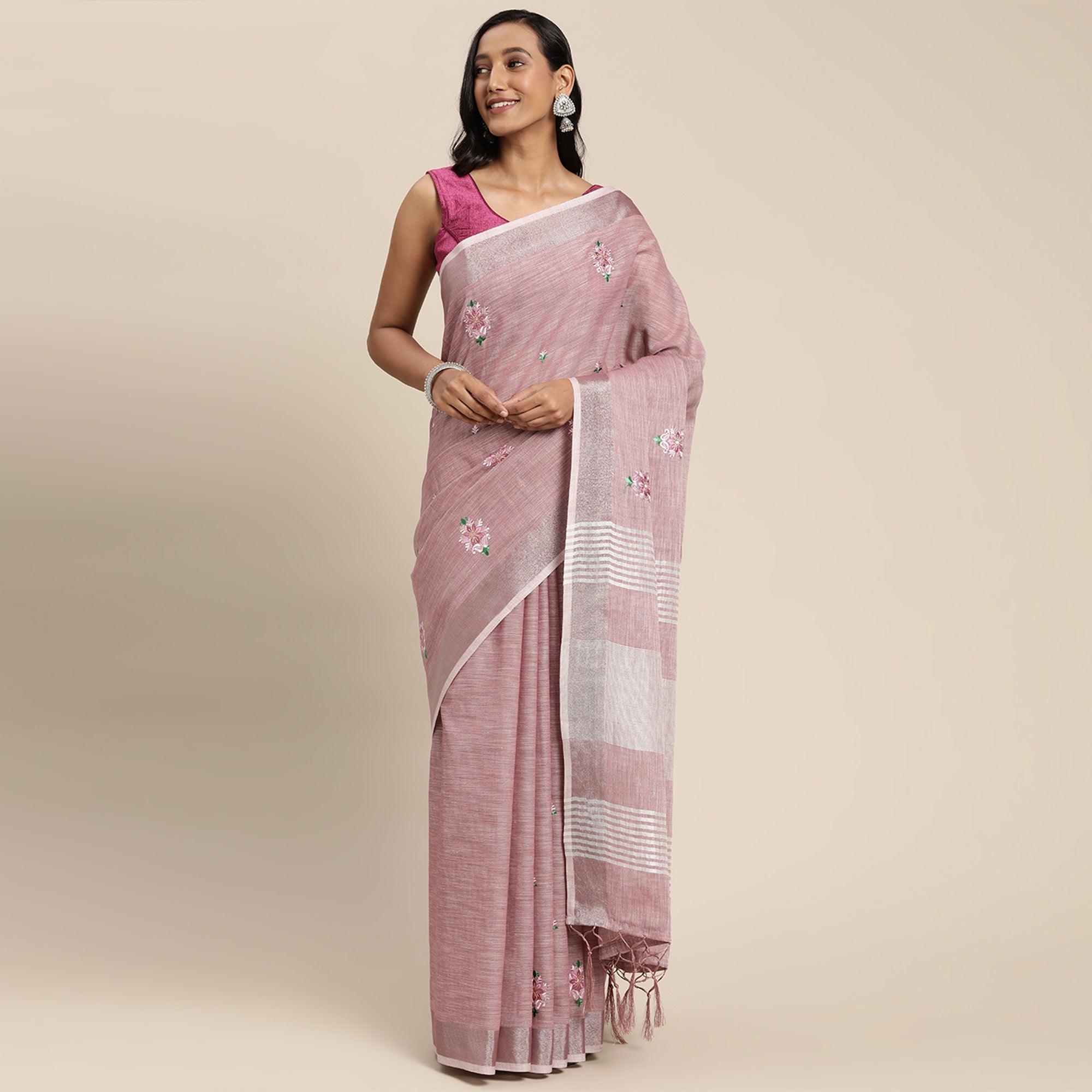 Pink Embroidered Linen Saree With Tassels - Peachmode