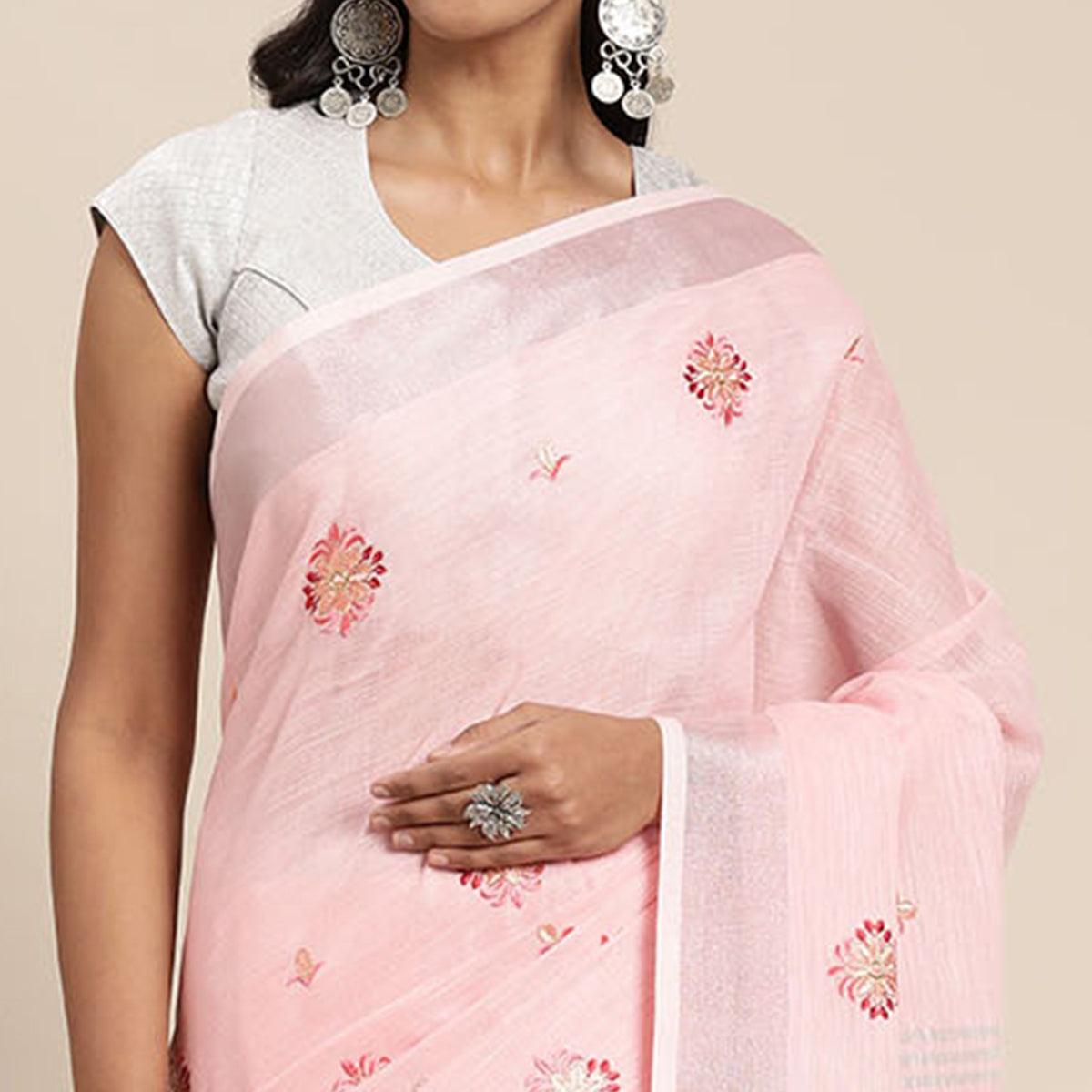 Pink Embroidered Linen Saree with Tassels - Peachmode