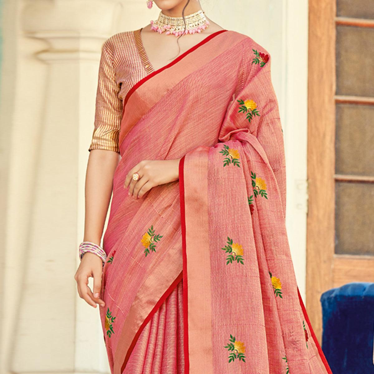 Pink Embroidered Linen Saree With Tassels - Peachmode