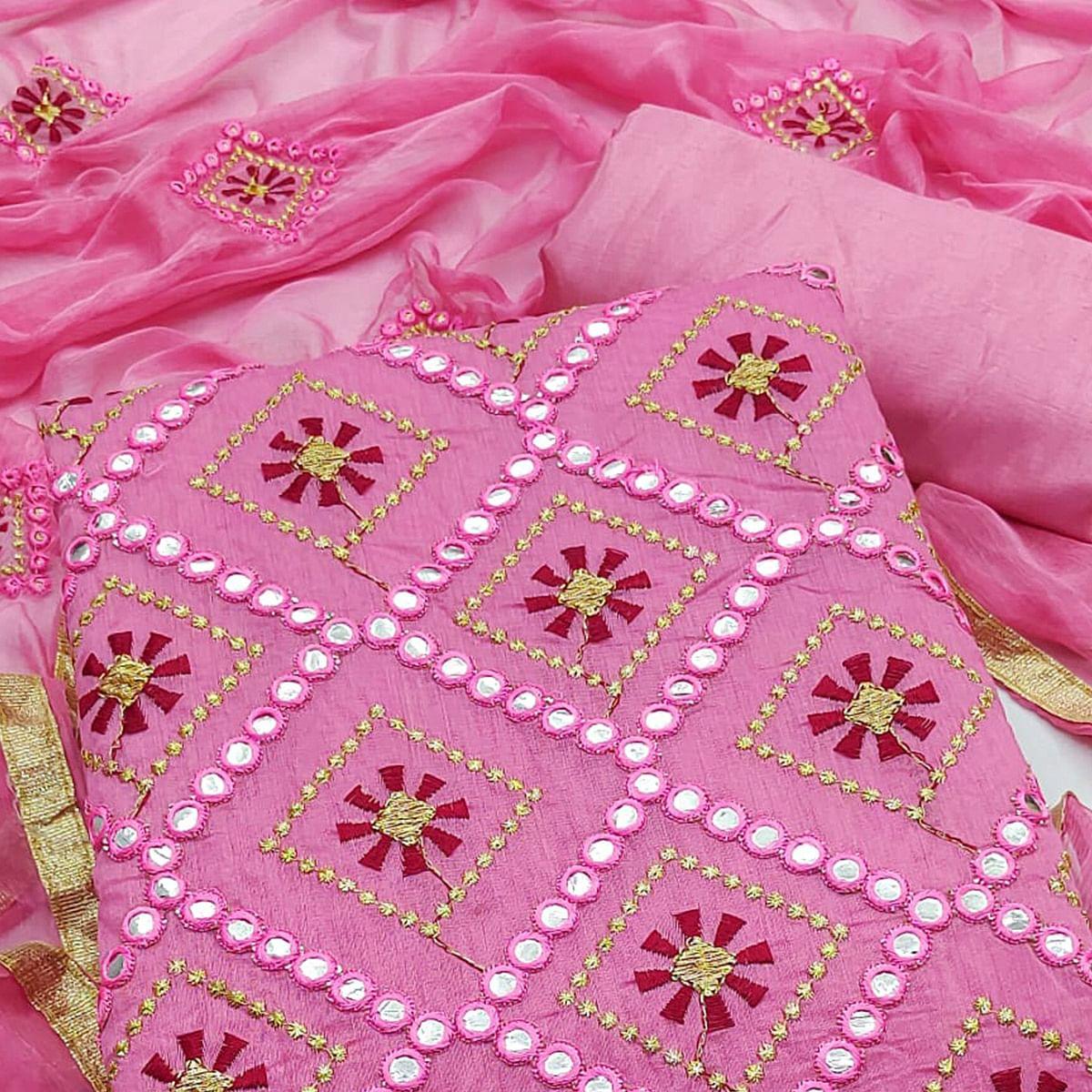 Pink Embroidered Modal Dress Material - Peachmode