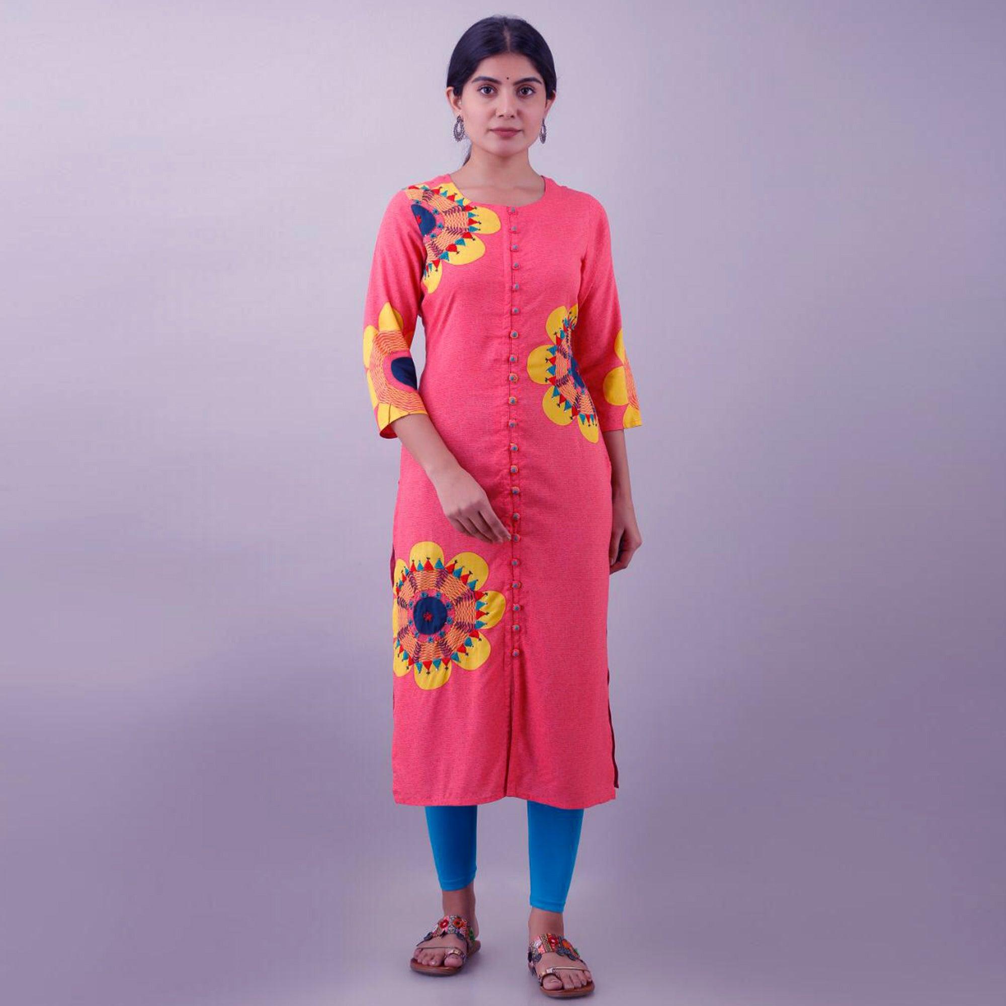 Pink Embroidered Muslin Kurti - Peachmode