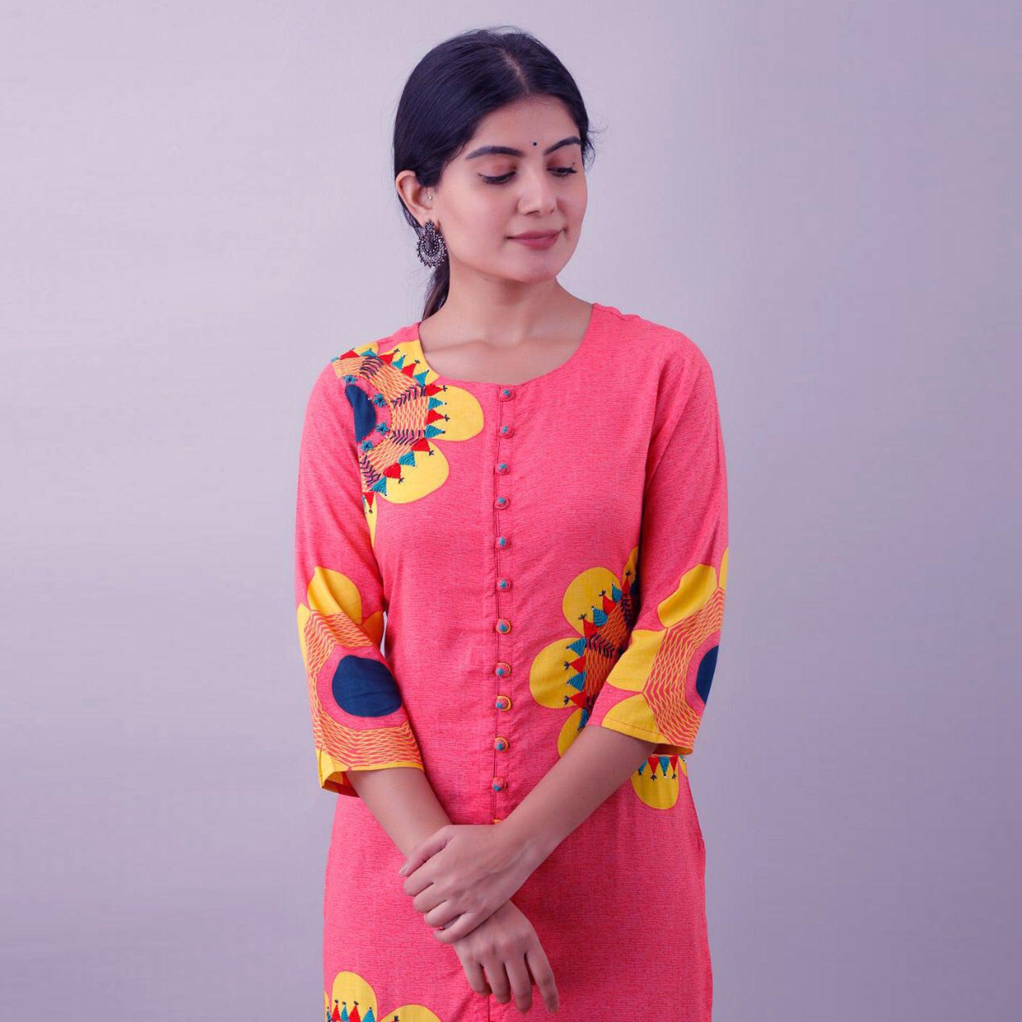 Pink Embroidered Muslin Kurti - Peachmode