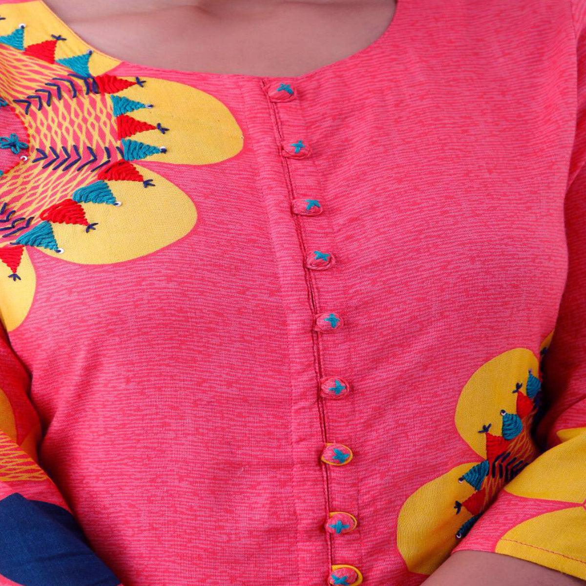 Pink Embroidered Muslin Kurti - Peachmode