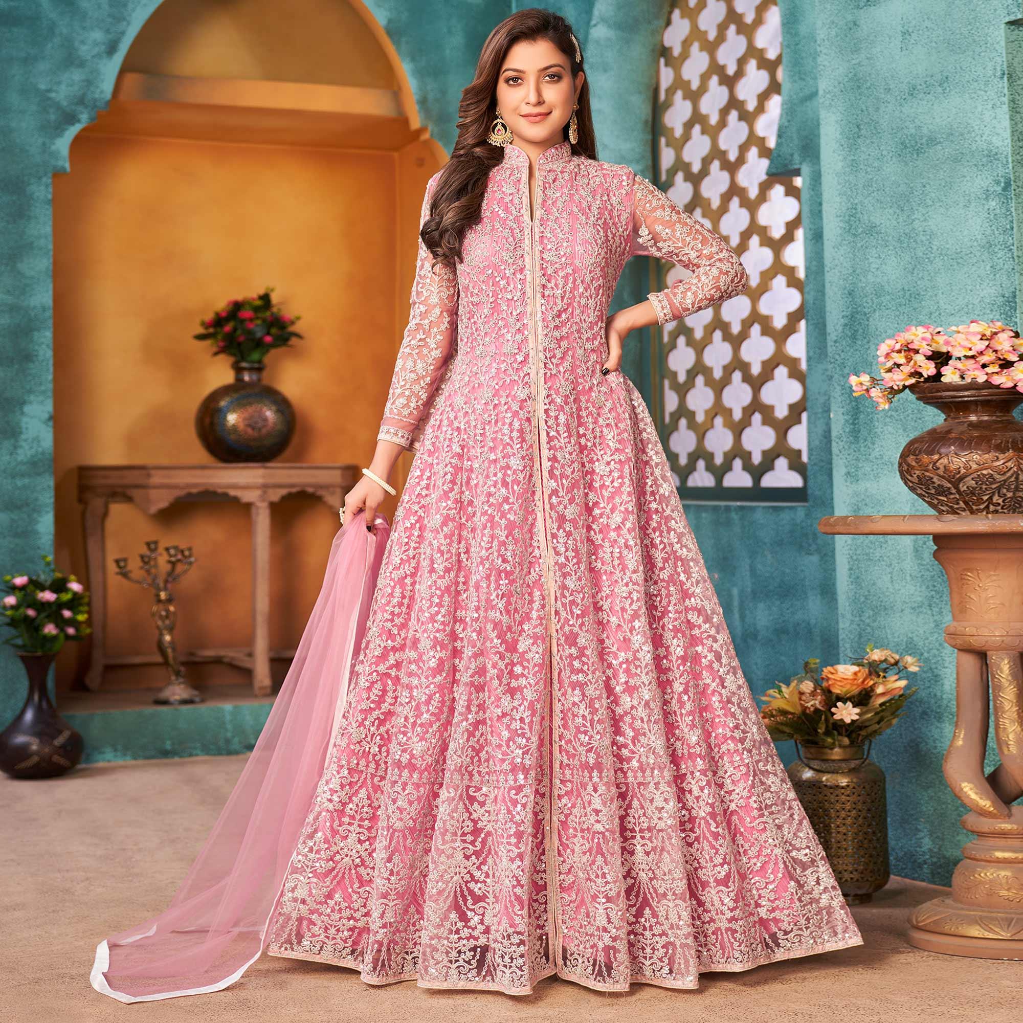 Pink Embroidered Netted Anarkali Style Gown - Peachmode