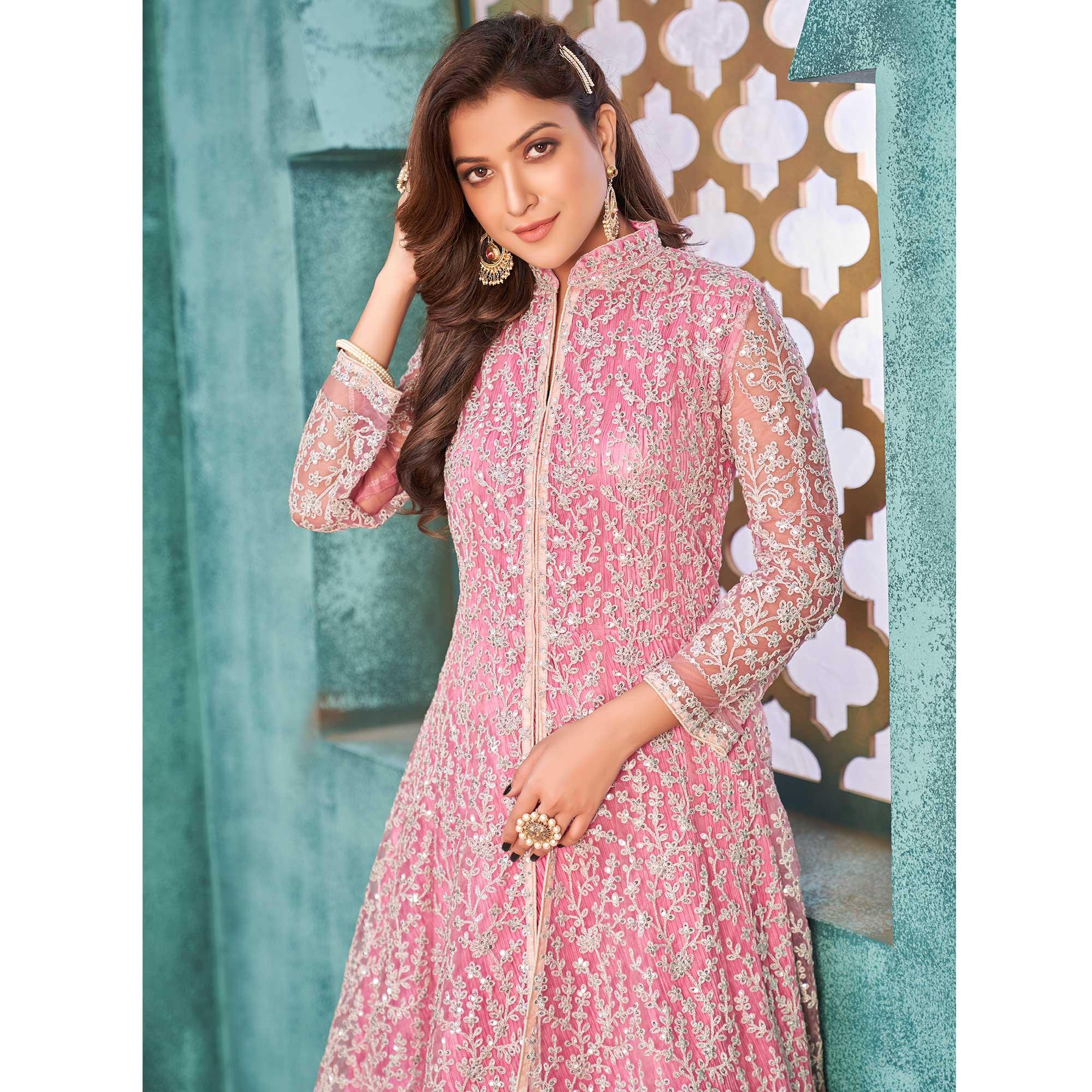 Pink Embroidered Netted Anarkali Style Gown - Peachmode