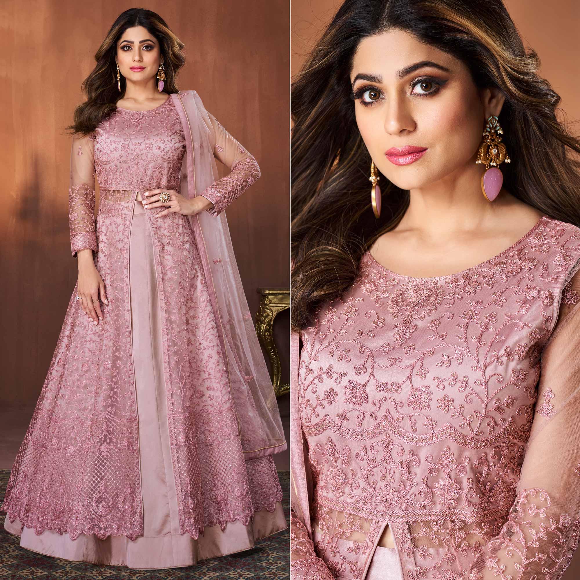 Pink Embroidered Netted Lehenga Kameez - Peachmode