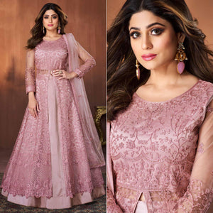 Pink Embroidered Netted Lehenga Kameez - Peachmode