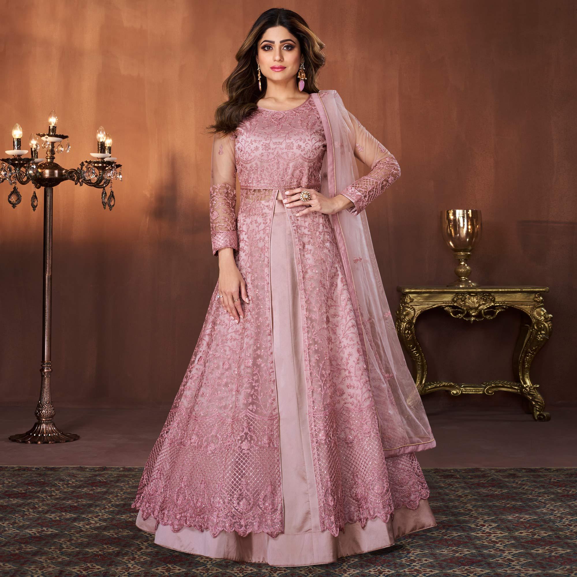 Pink Embroidered Netted Lehenga Kameez - Peachmode