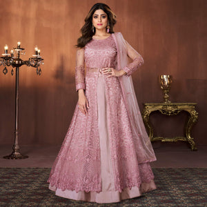 Pink Embroidered Netted Lehenga Kameez - Peachmode