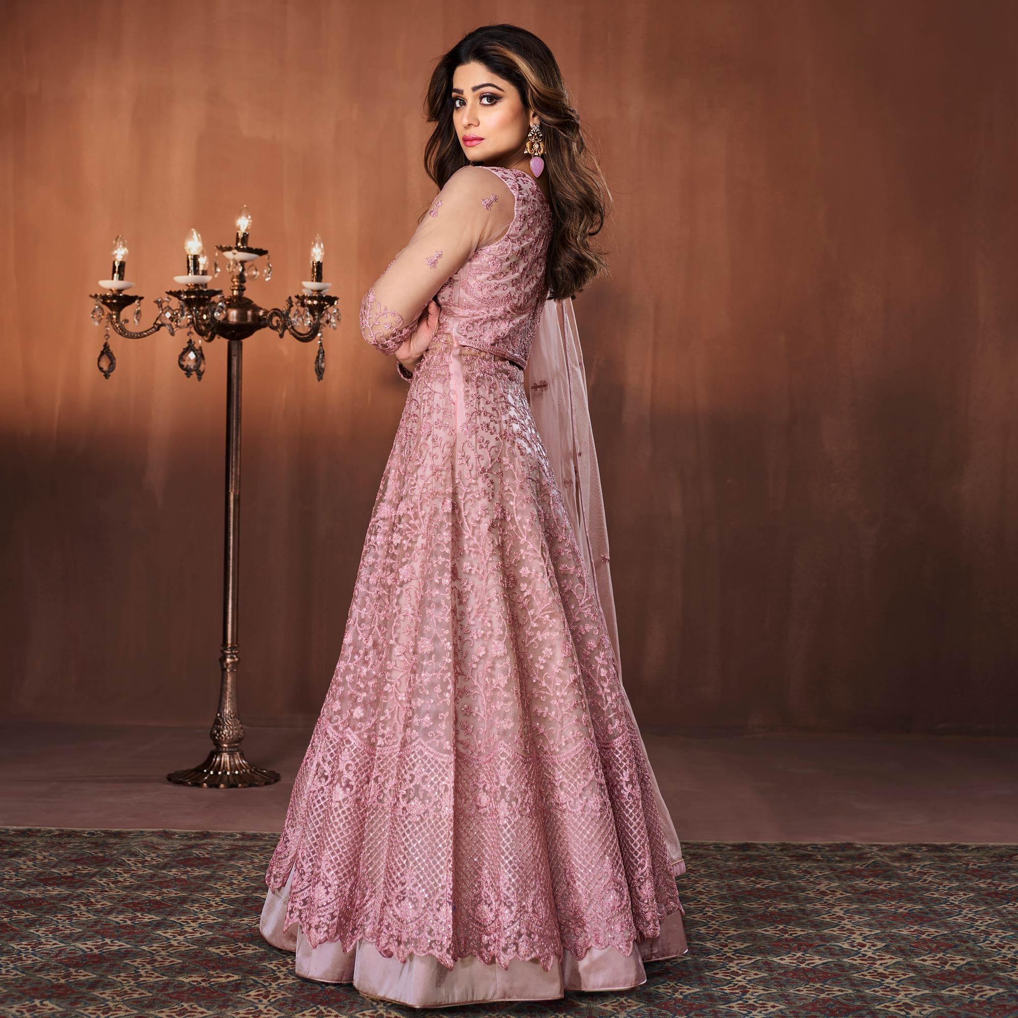Pink Embroidered Netted Lehenga Kameez - Peachmode