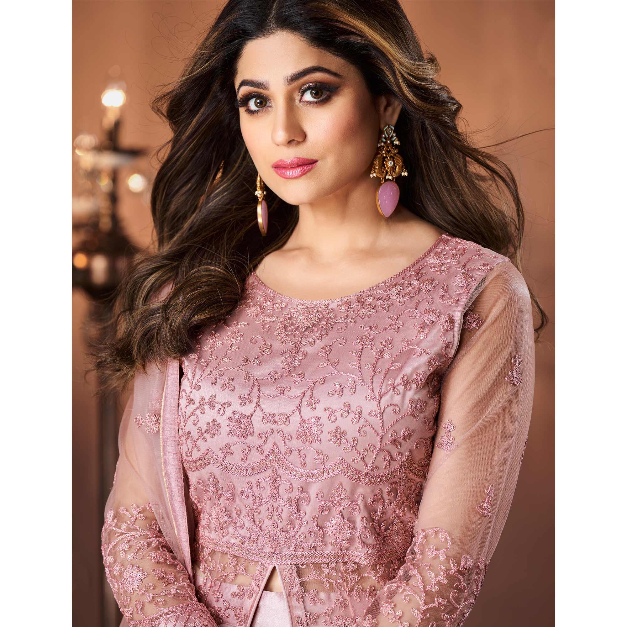 Pink Embroidered Netted Lehenga Kameez - Peachmode