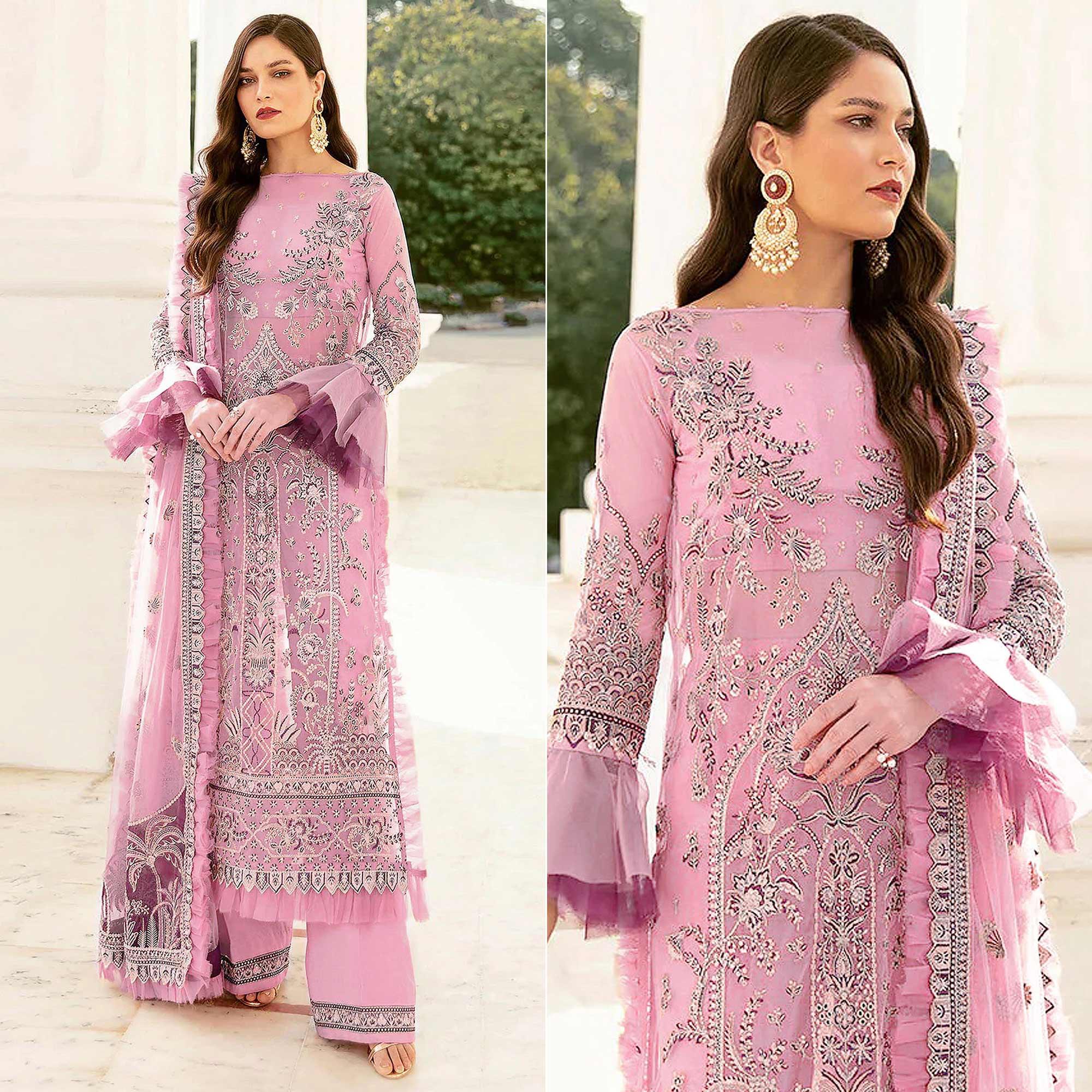 Pink Embroidered Netted Pakistani Suit - Peachmode