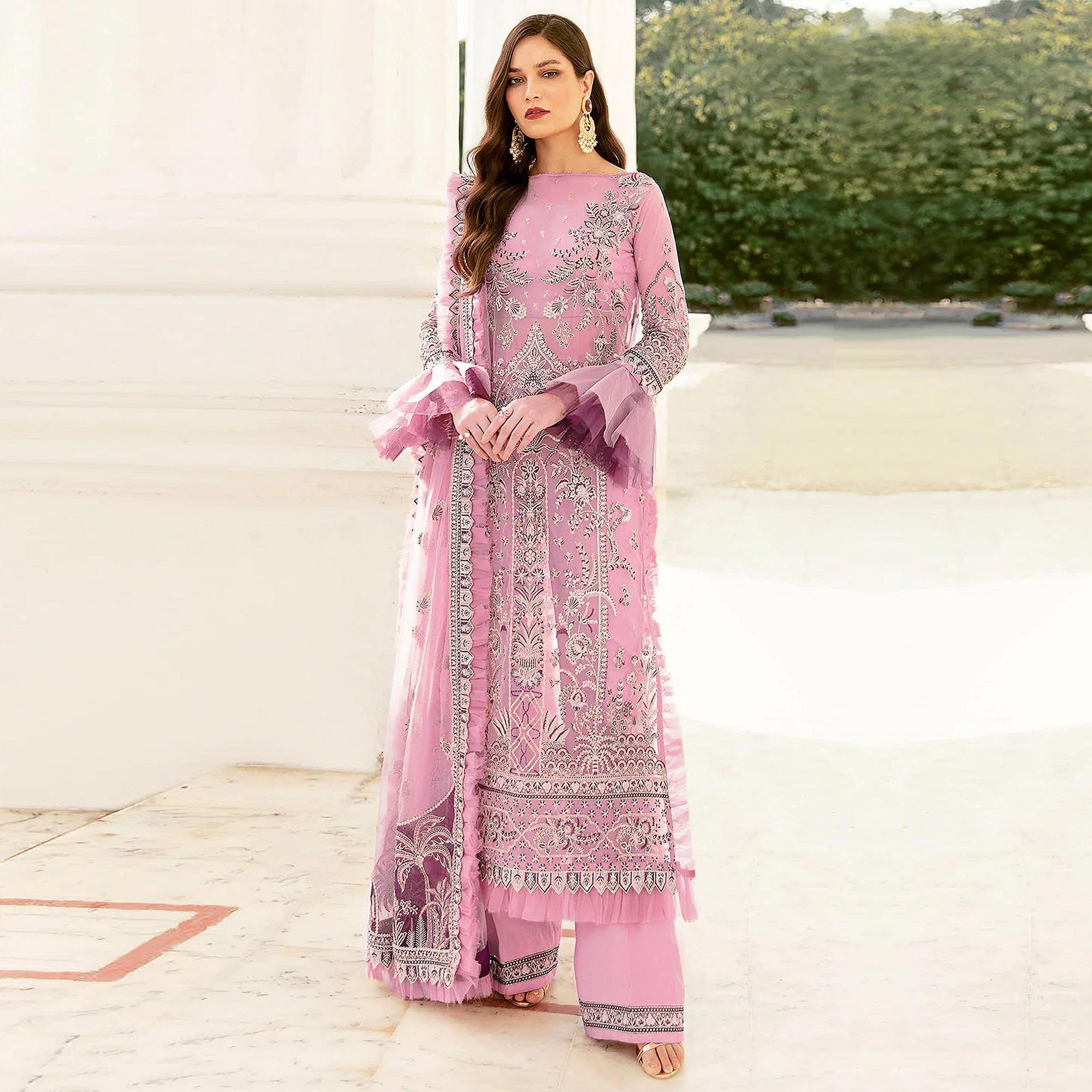 Pink Embroidered Netted Pakistani Suit - Peachmode